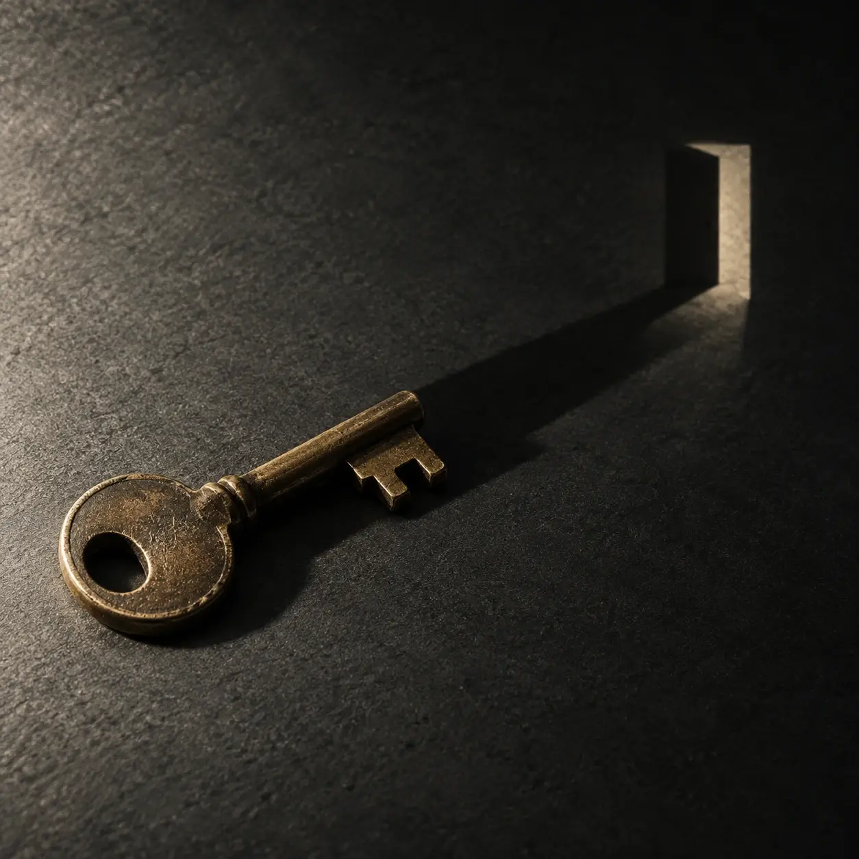 A worn brass key whose connected shadow ends in a small doorway-shaped opening.