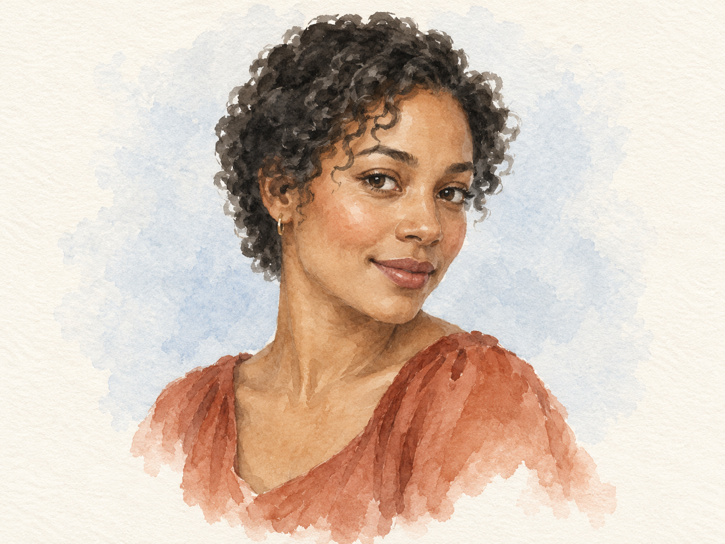 Watercolor portrait of a woman with short curly hair and a rust blouse on ivory paper.