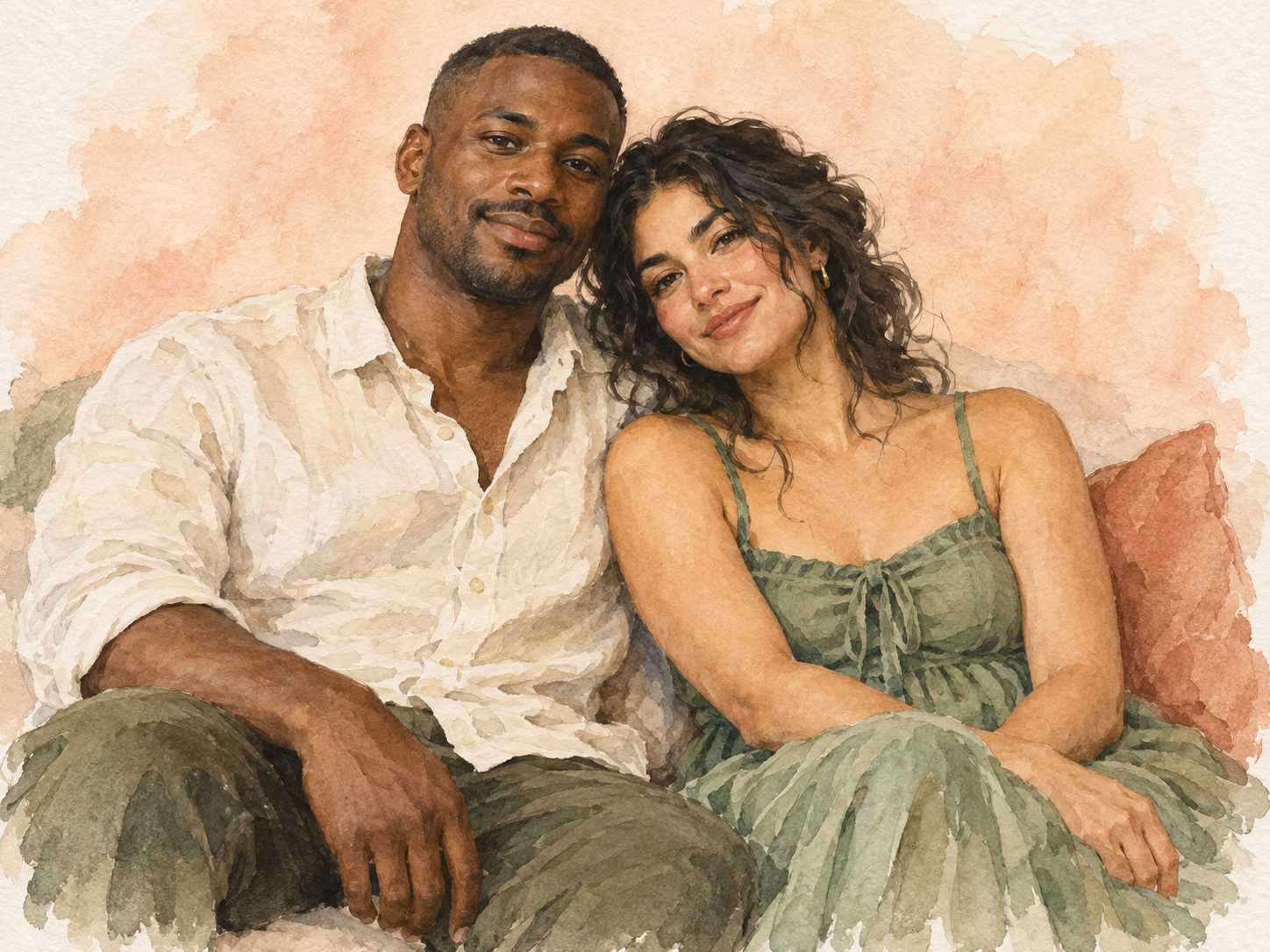 Watercolor illustration of a couple sitting shoulder to shoulder against a pale peach wash.