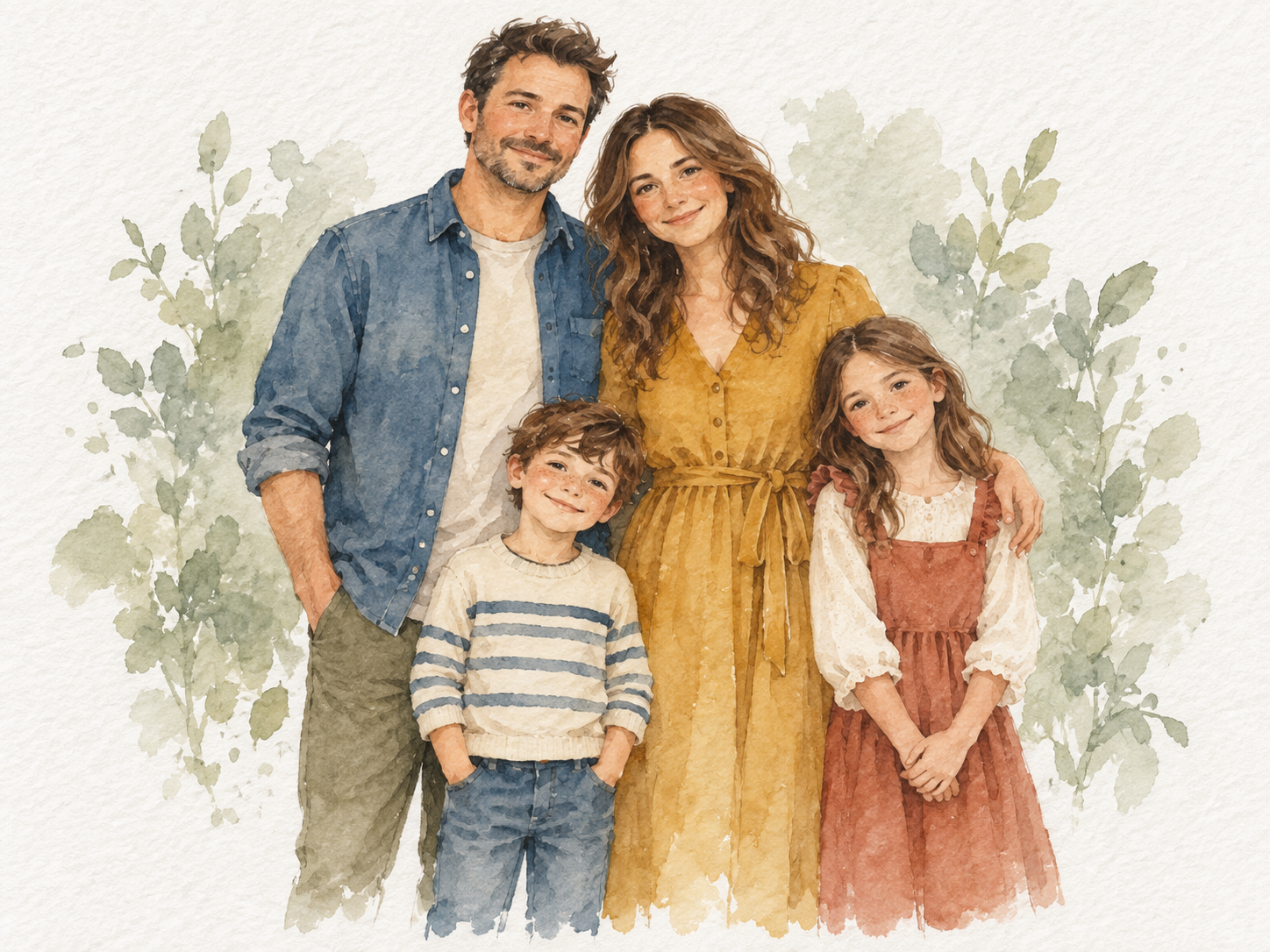 Watercolor family illustration showing two adults and two children in a softly faded vignette.
