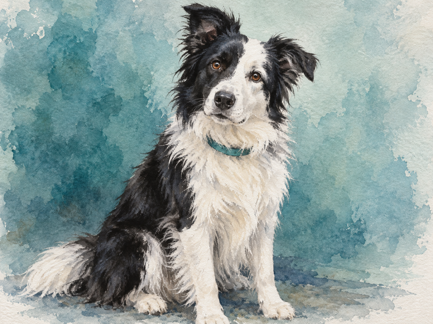 Watercolor border collie portrait with black-and-white fur, brown eyes and a teal collar.