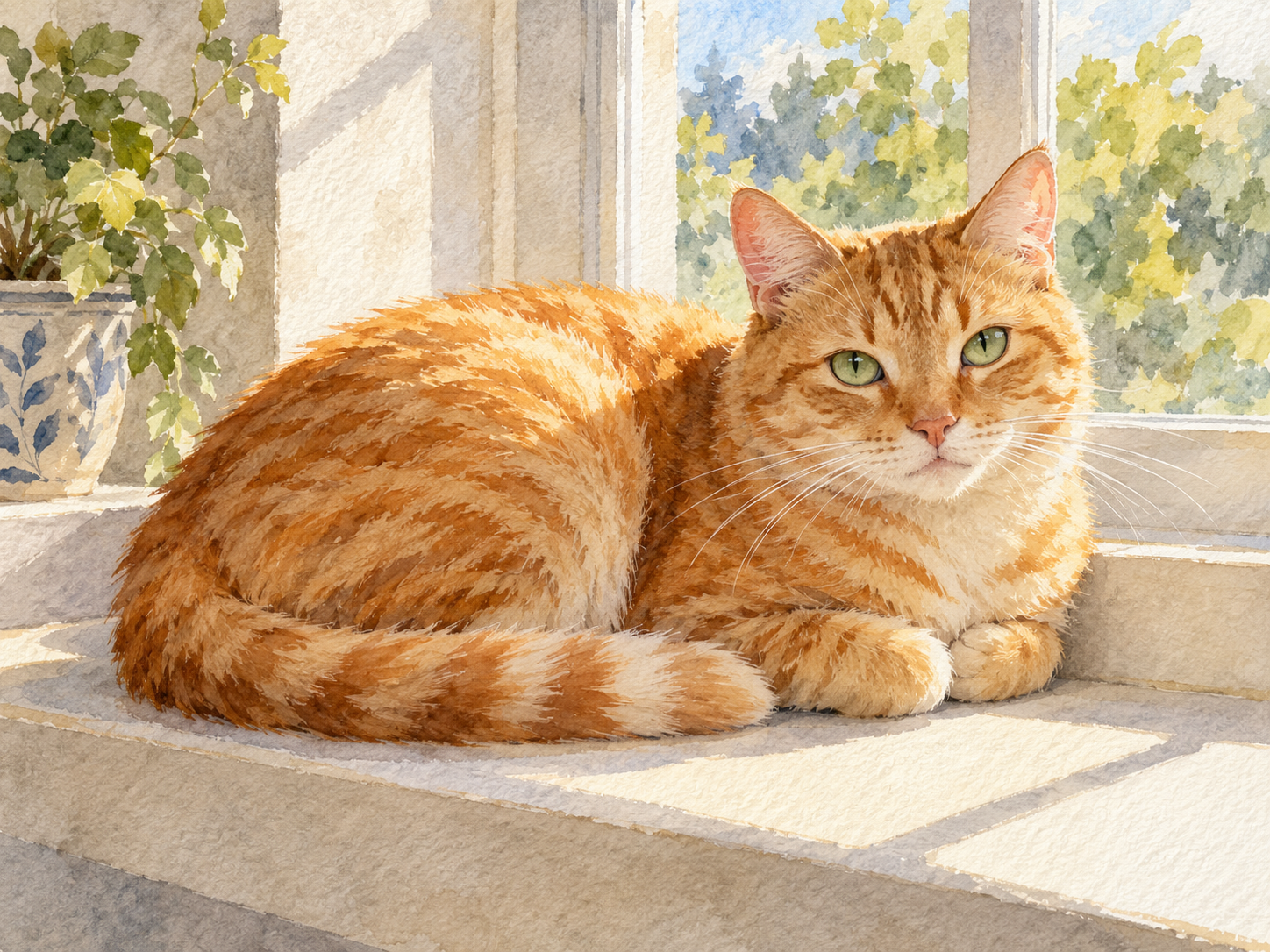 Watercolor orange tabby curled on a cream windowsill with green eyes and golden washes.