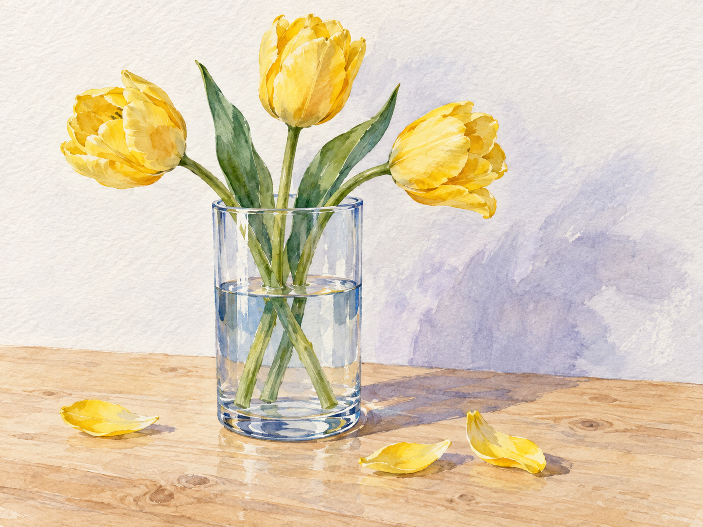 Watercolor of three yellow tulips in a clear water-filled vase on a light tabletop.