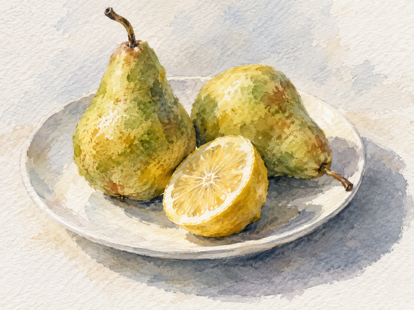 Watercolor still life of two pears and a lemon half on a white ceramic plate.