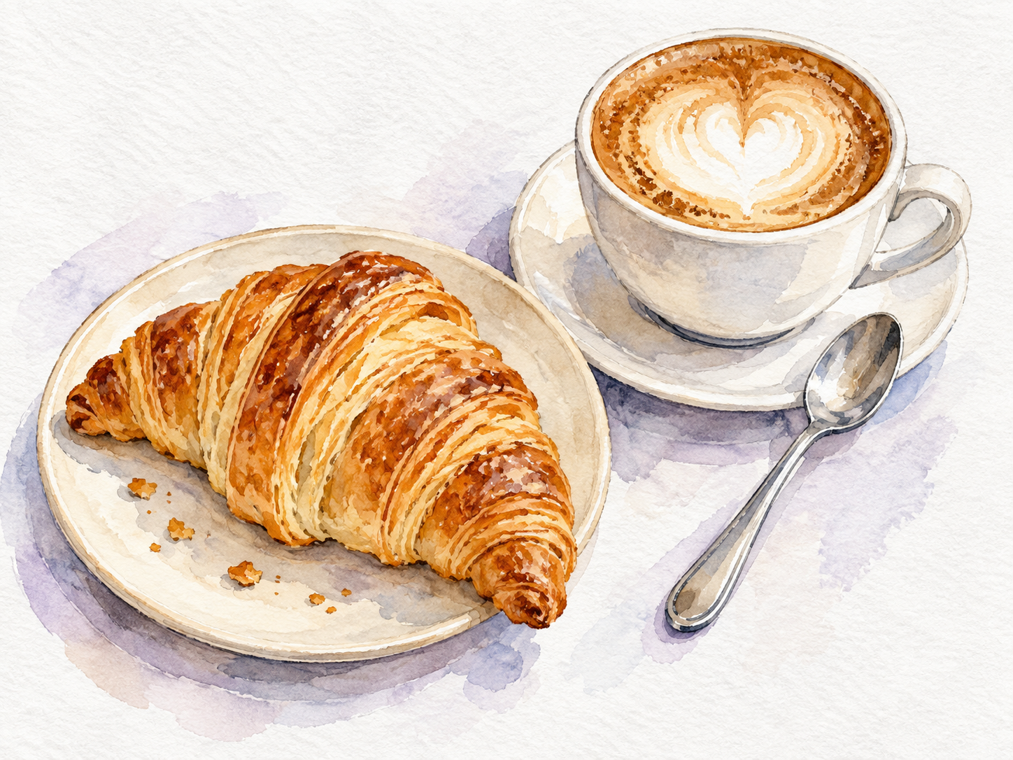 Watercolor cafe breakfast with a croissant, cappuccino and teaspoon viewed from above.