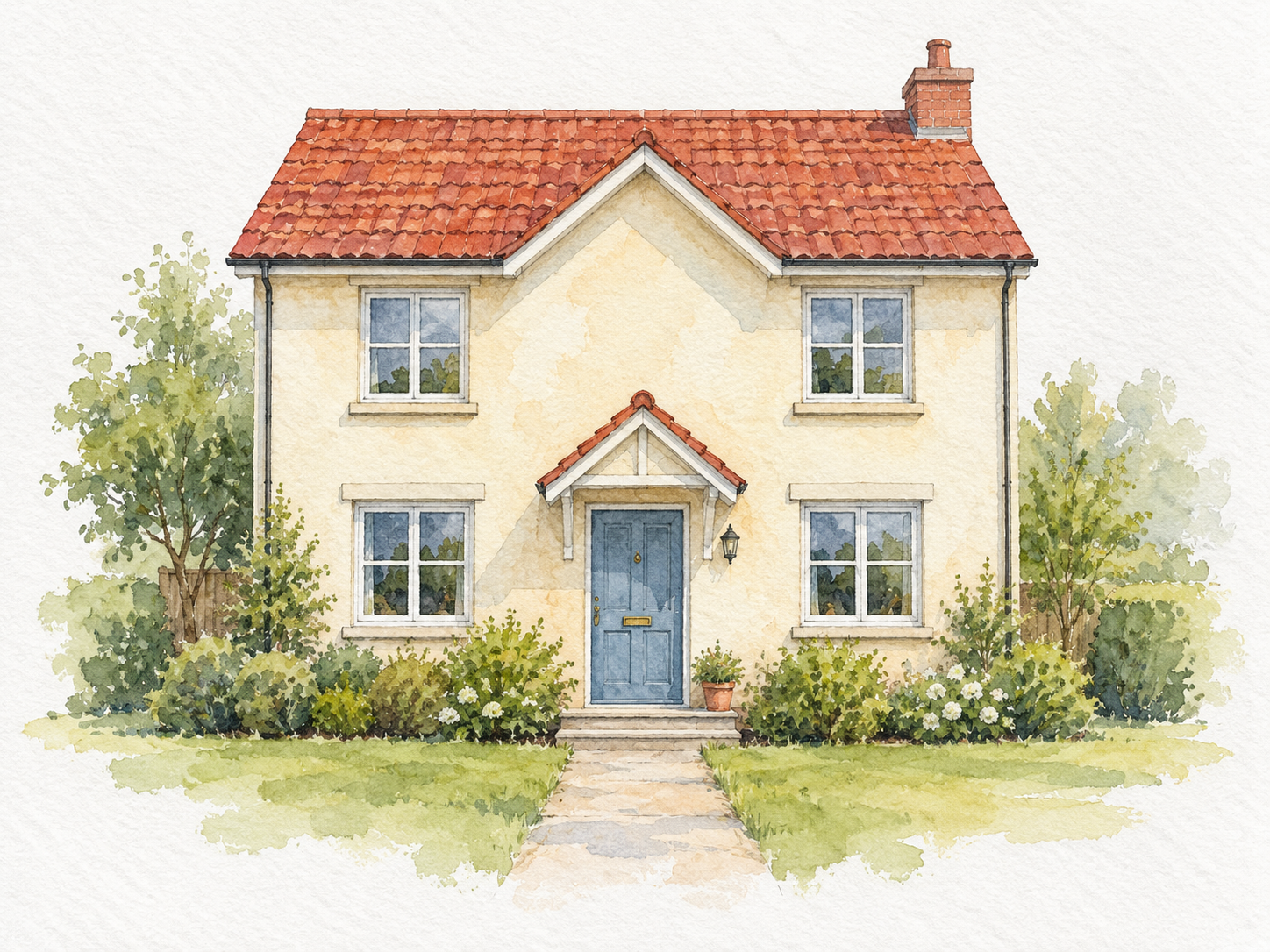 Watercolor illustration of a cream two-story house with a red roof and blue front door.
