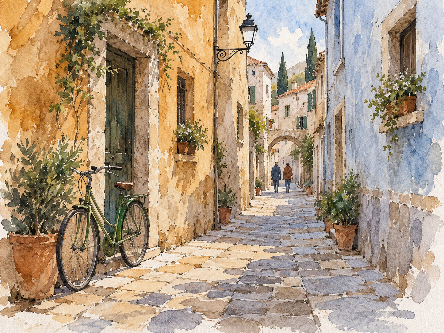 Ink and watercolor street sketch of a narrow lane with colorful buildings and a green bicycle.