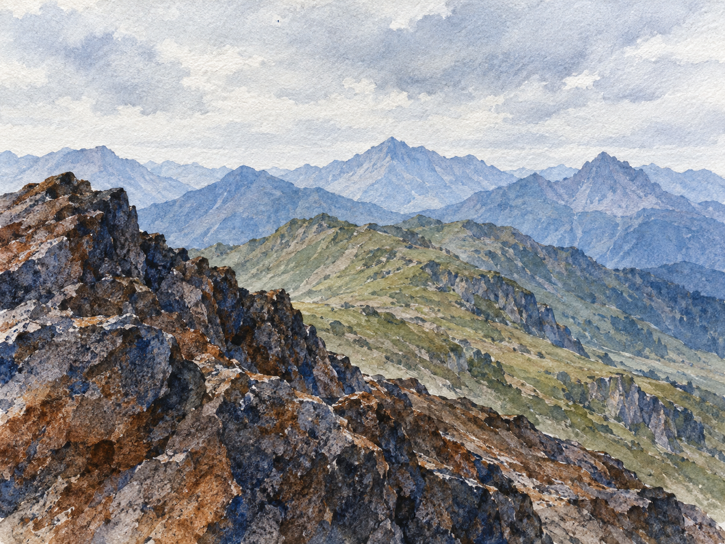 Granulating watercolor mountain landscape with rocky ridges, green slopes and pale distant peaks.