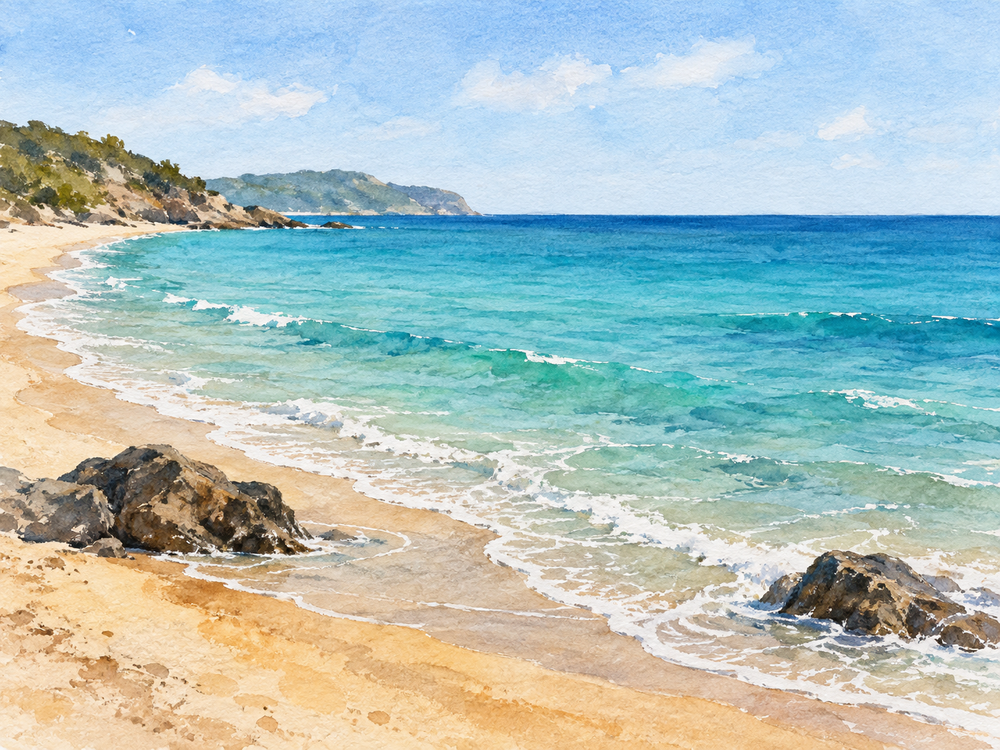 Watercolor turquoise bay with a curved sandy beach, two rocks and white foam bands.