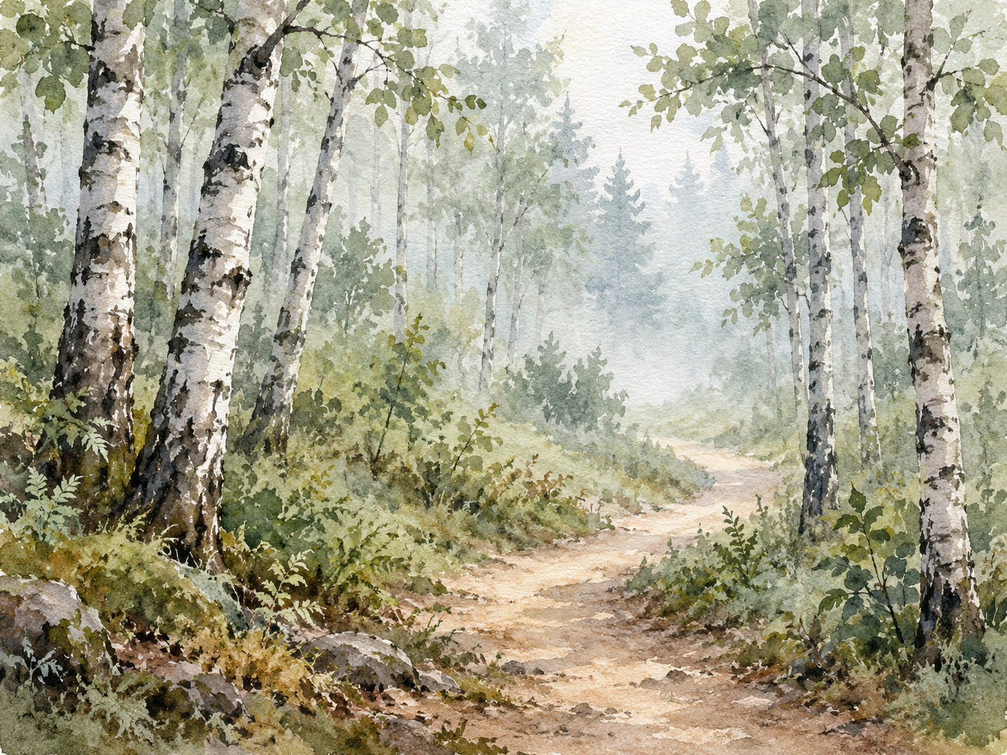 Wet-on-wet watercolor woodland with birch trees, light mist and a curving path.
