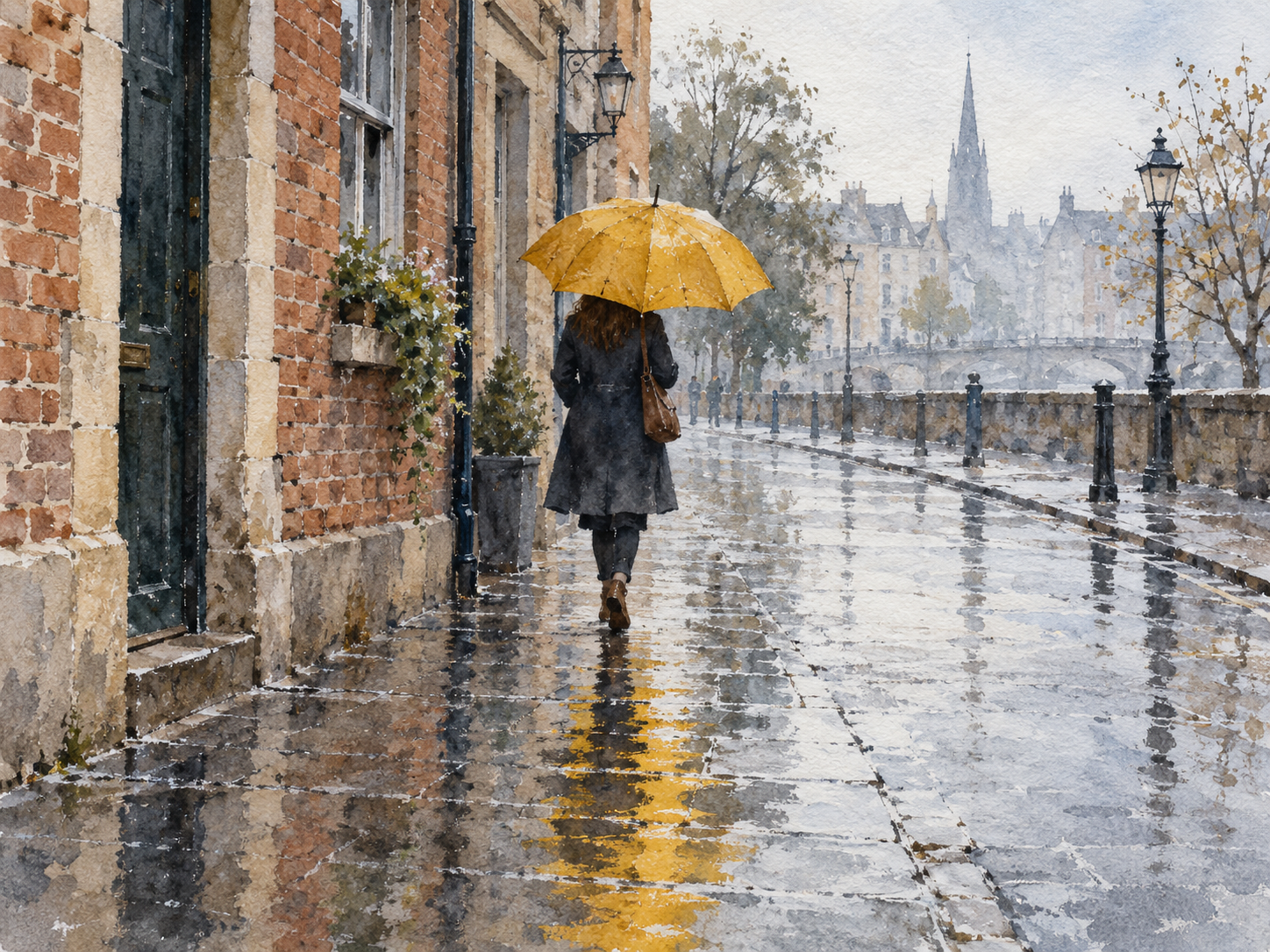 Watercolor rainy street with a mustard umbrella and its broken reflection on wet pavement.