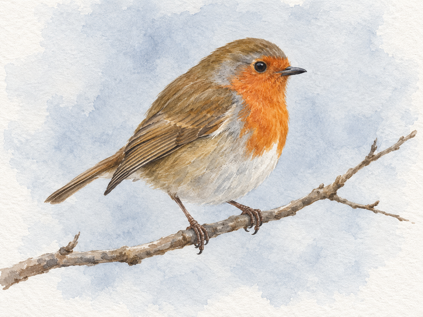 Watercolor robin perched on a bare twig with an orange-red breast and brown wings.