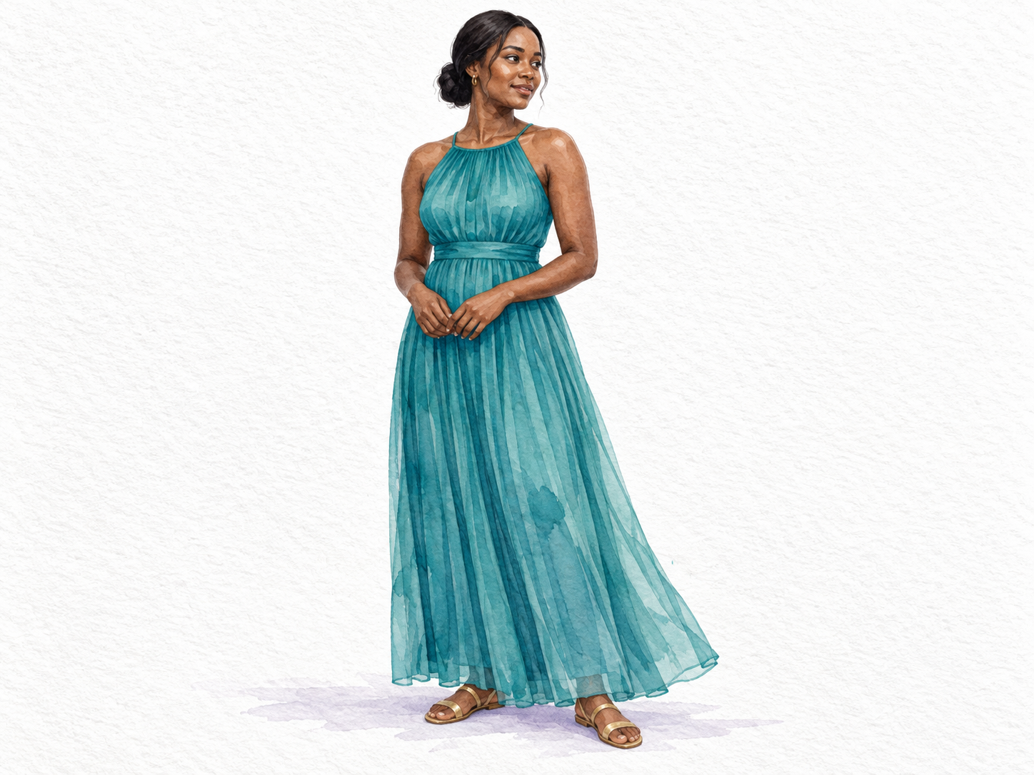 Watercolor full-length fashion illustration of a woman in a teal pleated dress and gold sandals.