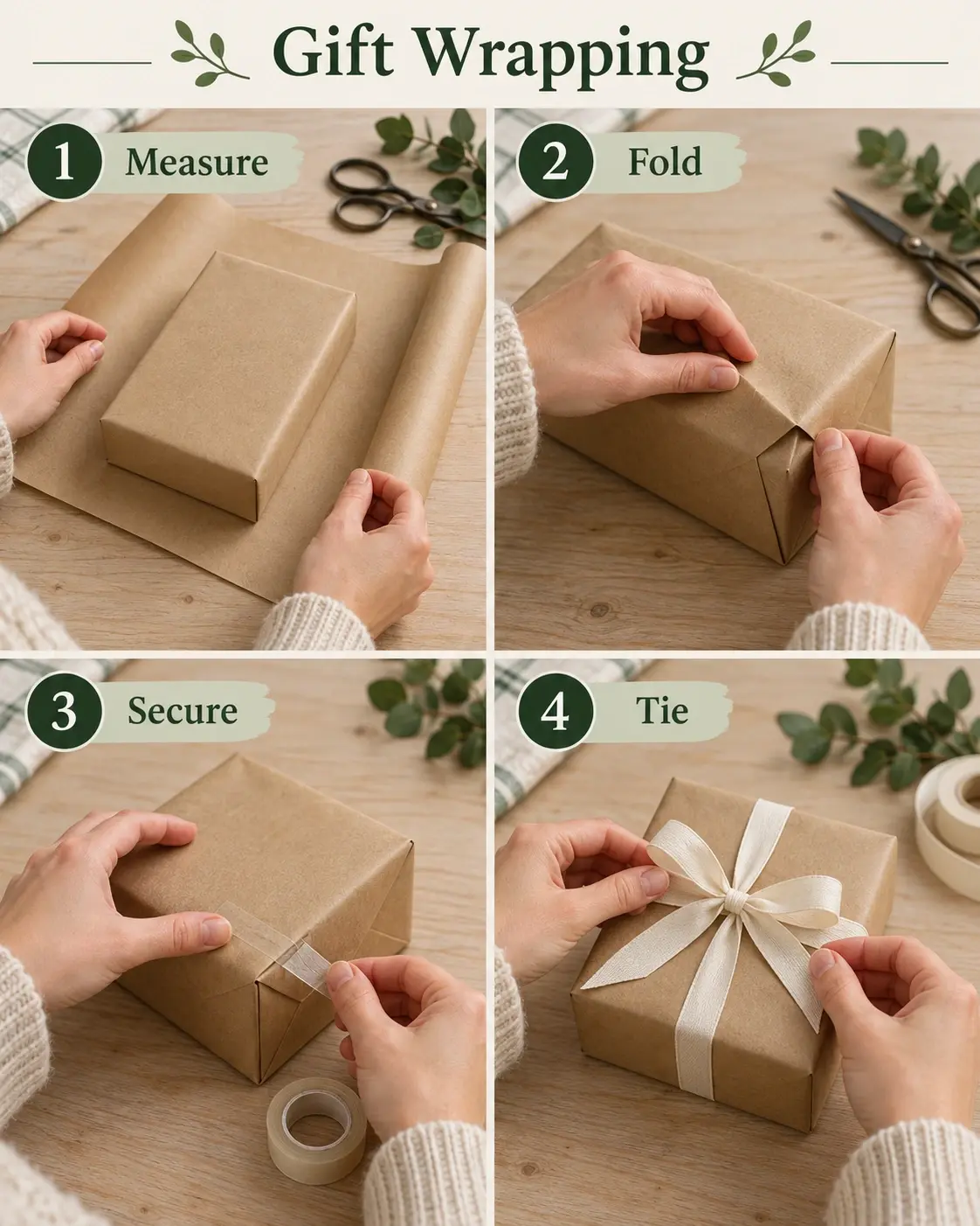 Four-stage gift wrapping photo tutorial showing a small rectangular kraft-paper gift, cream ribbon, and the same pair of hands on a pale wooden table, with numbered action labels.