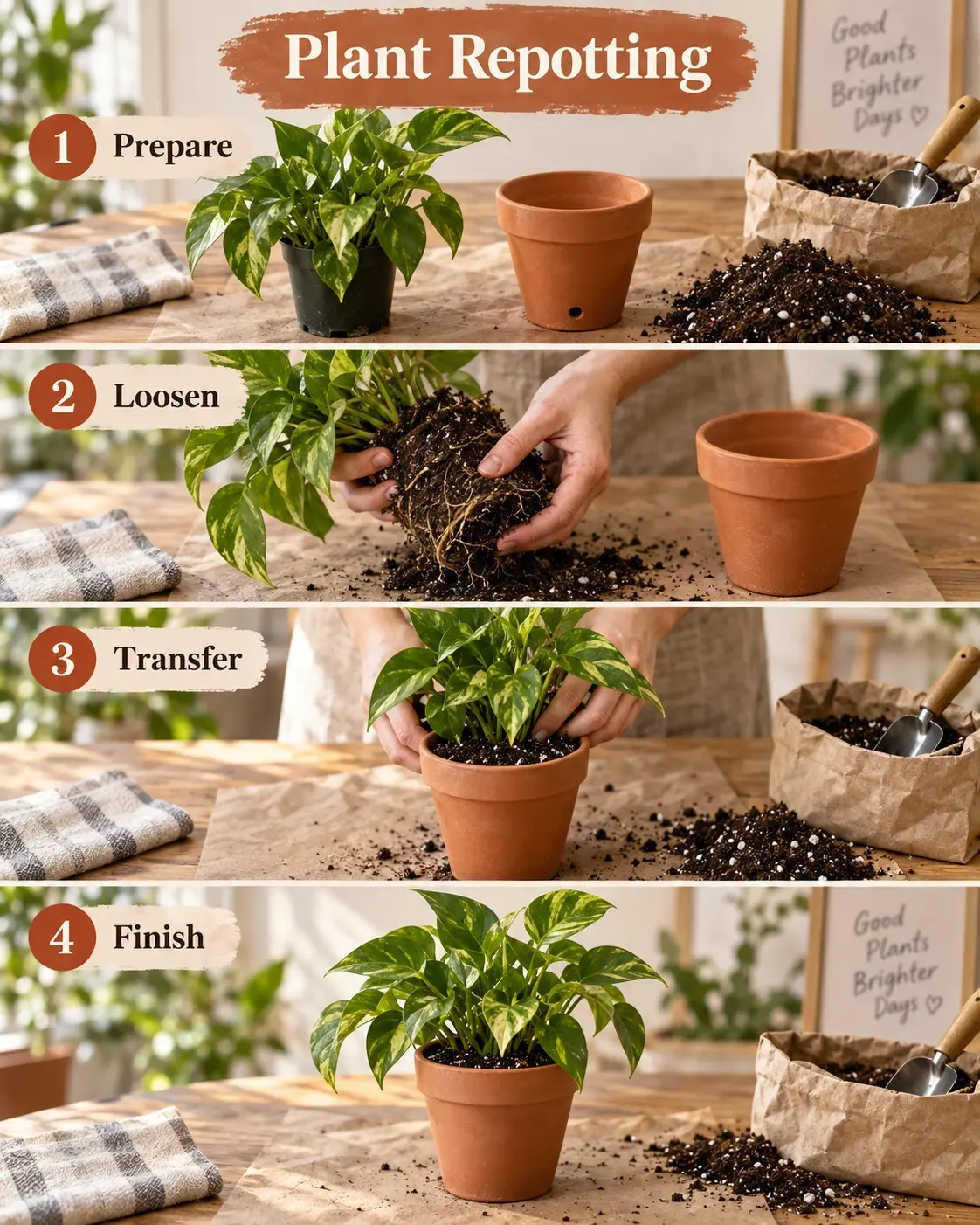Four-stage plant repotting photo tutorial showing a small pothos plant, terracotta pot with a drainage hole, loose potting mix, and a kraft work mat, with numbered action labels.