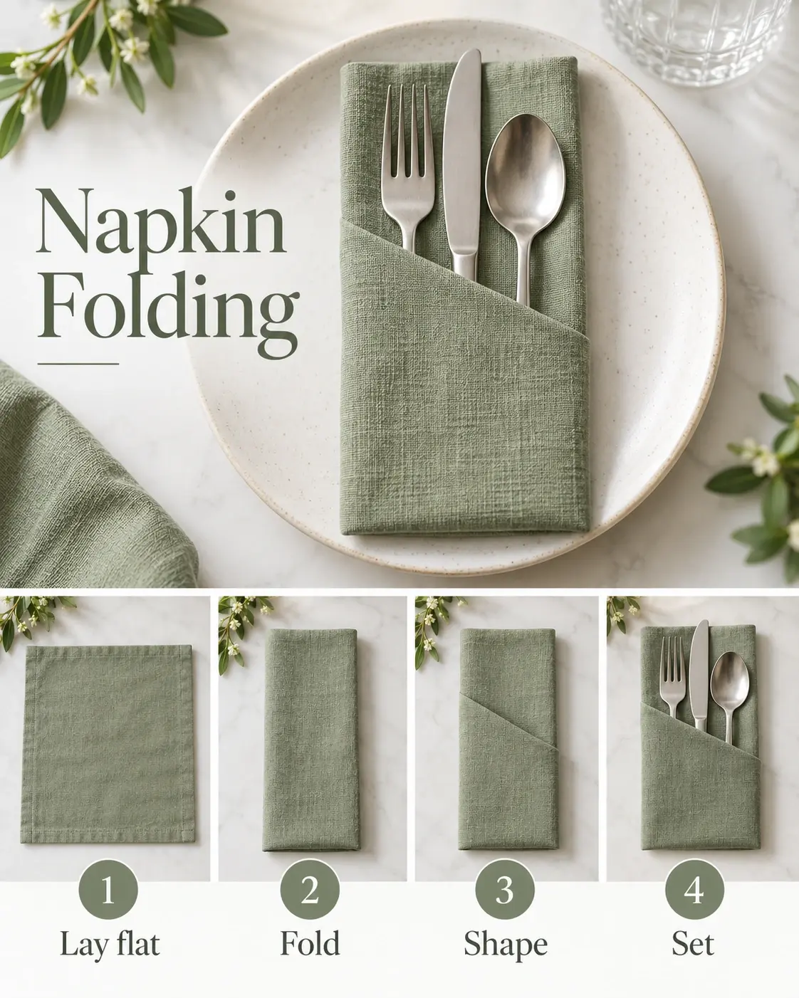 Four-stage napkin folding photo tutorial showing one sage linen napkin becoming a simple rectangular cutlery pocket beside plain silverware, with numbered action labels.