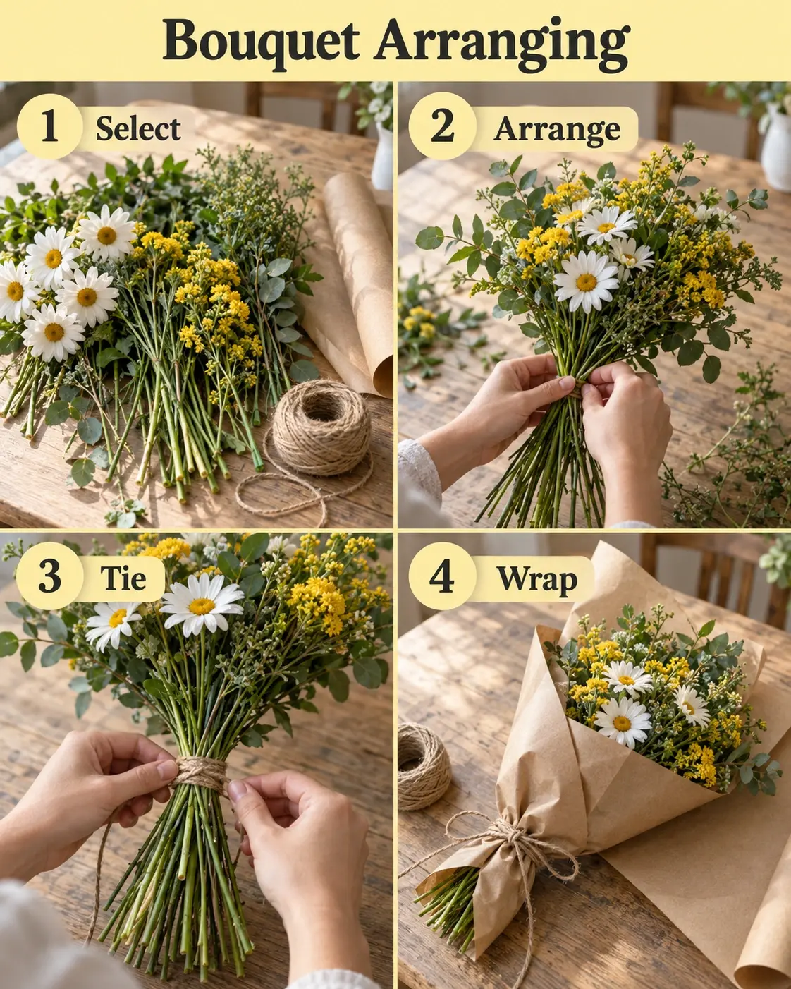 Four-stage bouquet arranging photo tutorial showing the same small bundle of white daisies, yellow flowers and greenery, natural twine, and brown wrapping paper, with numbered action labels.