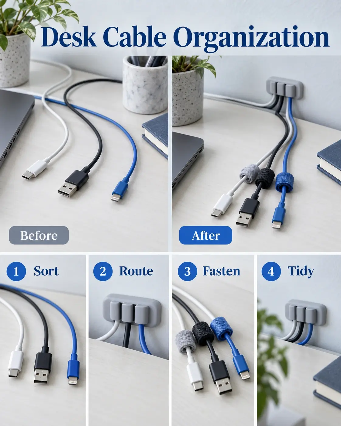 Four-stage desk cable organization photo tutorial showing a pale desk with three disconnected charging cables, reusable fabric ties, and an adhesive cable clip, with numbered action labels.