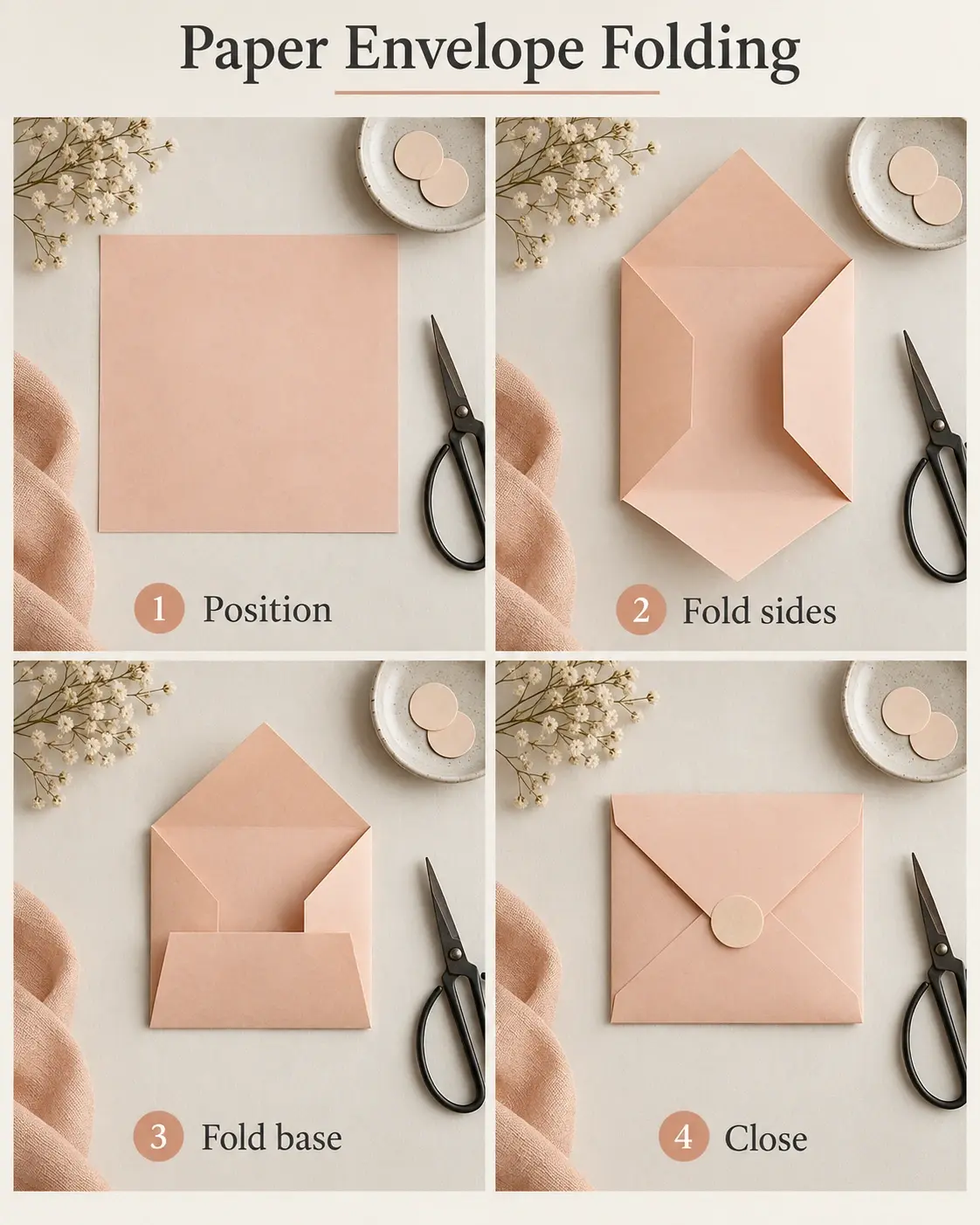 Four-stage paper envelope folding photo tutorial showing one square sheet of pale peach paper becoming a simple envelope with a small plain round seal, with numbered action labels.