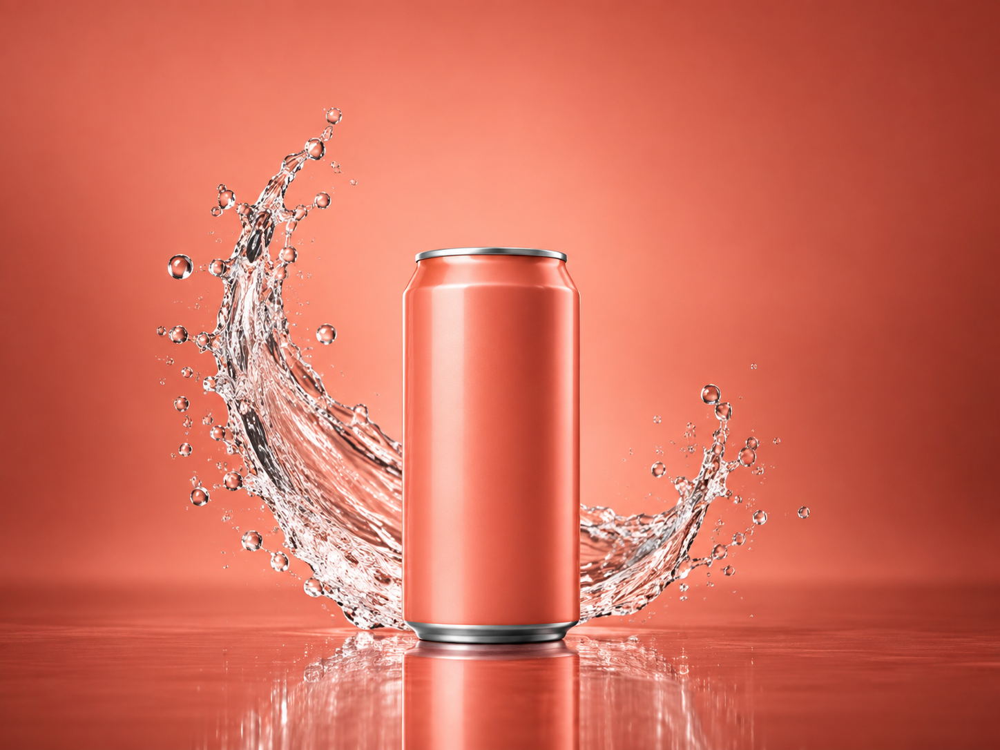 A coral beverage can framed by a clear-water splash on a reflective coral surface.