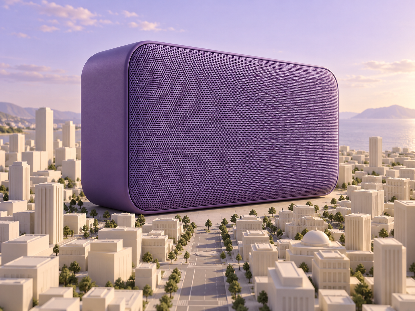 An oversized purple speaker rising above a miniature cream-colored city.