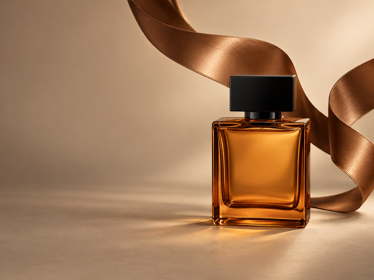 An amber perfume bottle framed by flowing bronze satin ribbons.