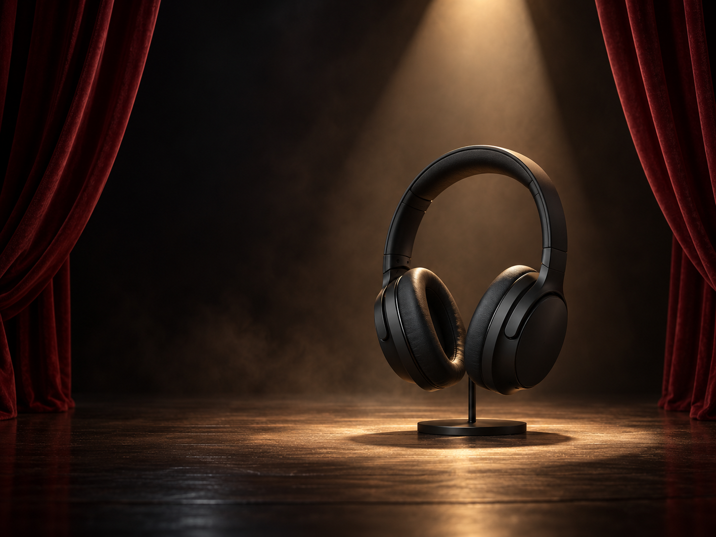 Black over-ear headphones under a spotlight between burgundy stage curtains.