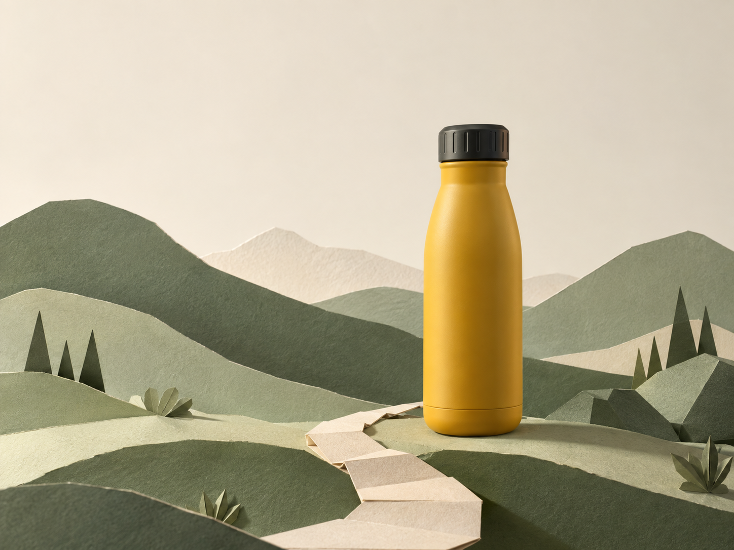 A mustard-yellow bottle standing in a miniature landscape of sage and cream paper hills.
