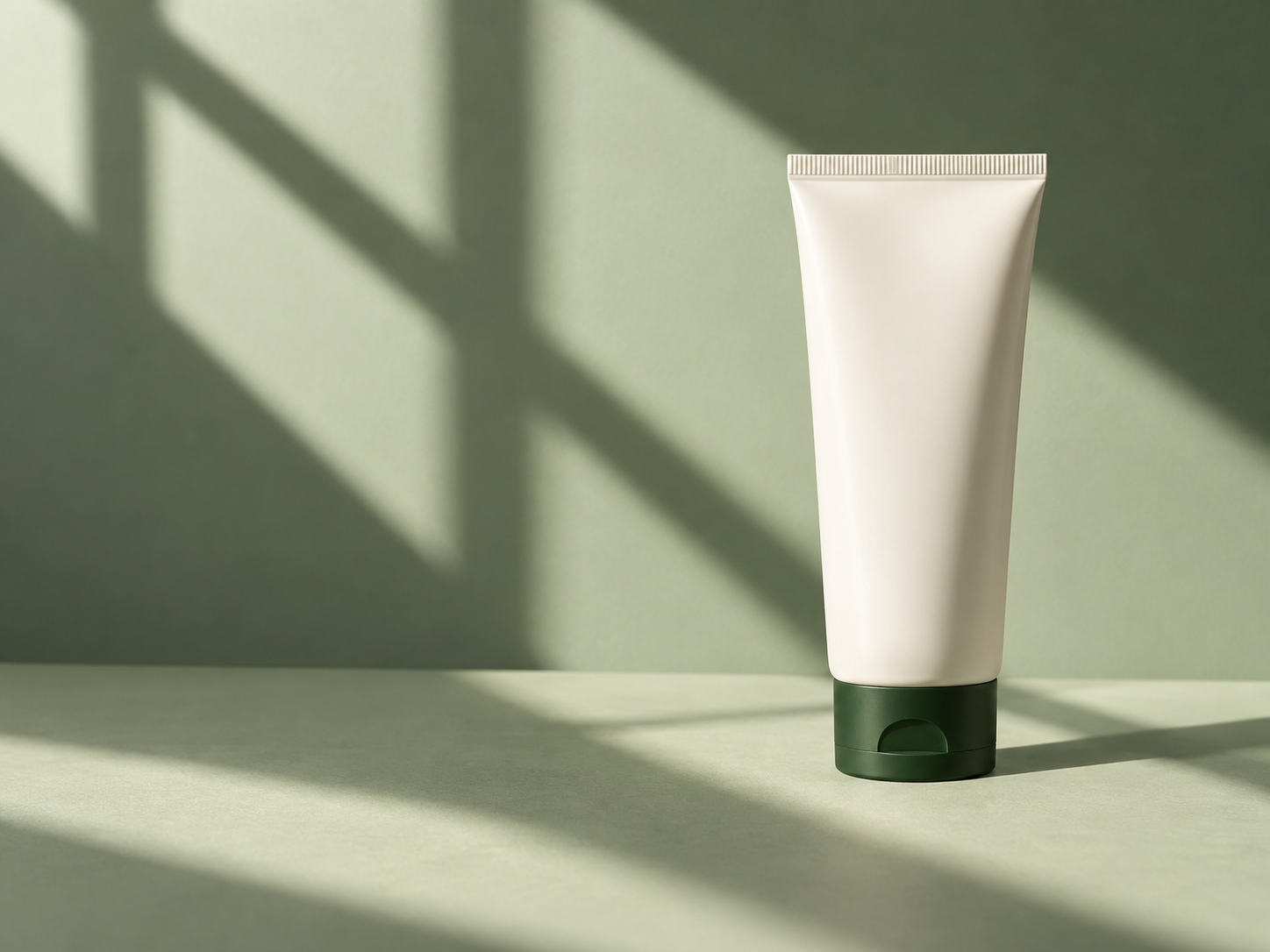 An ivory tube with a green cap in a clear light patch amid diagonal geometric shadows.
