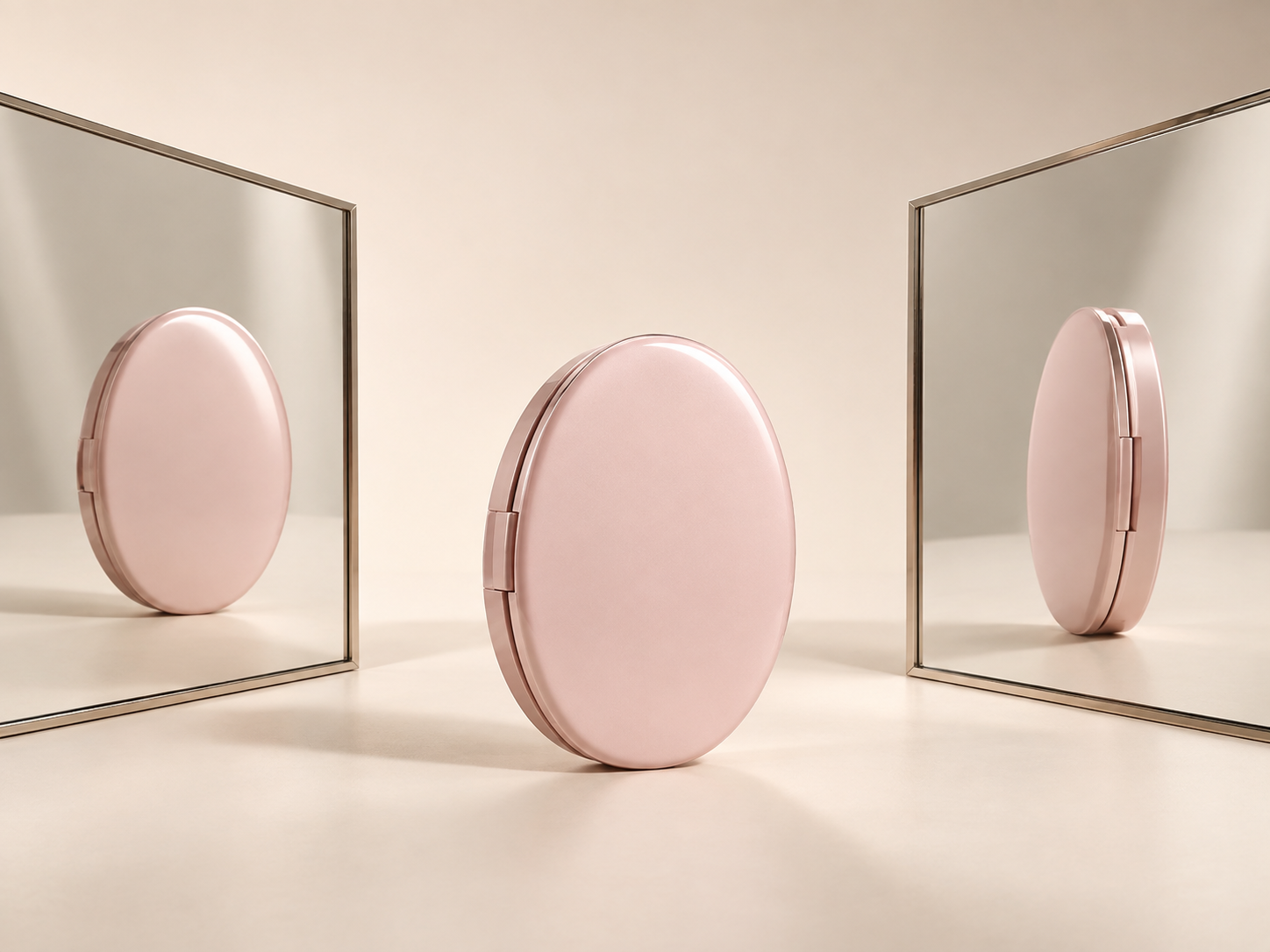 A pale-pink cosmetic compact between two angled mirrors with clearly bounded reflections.