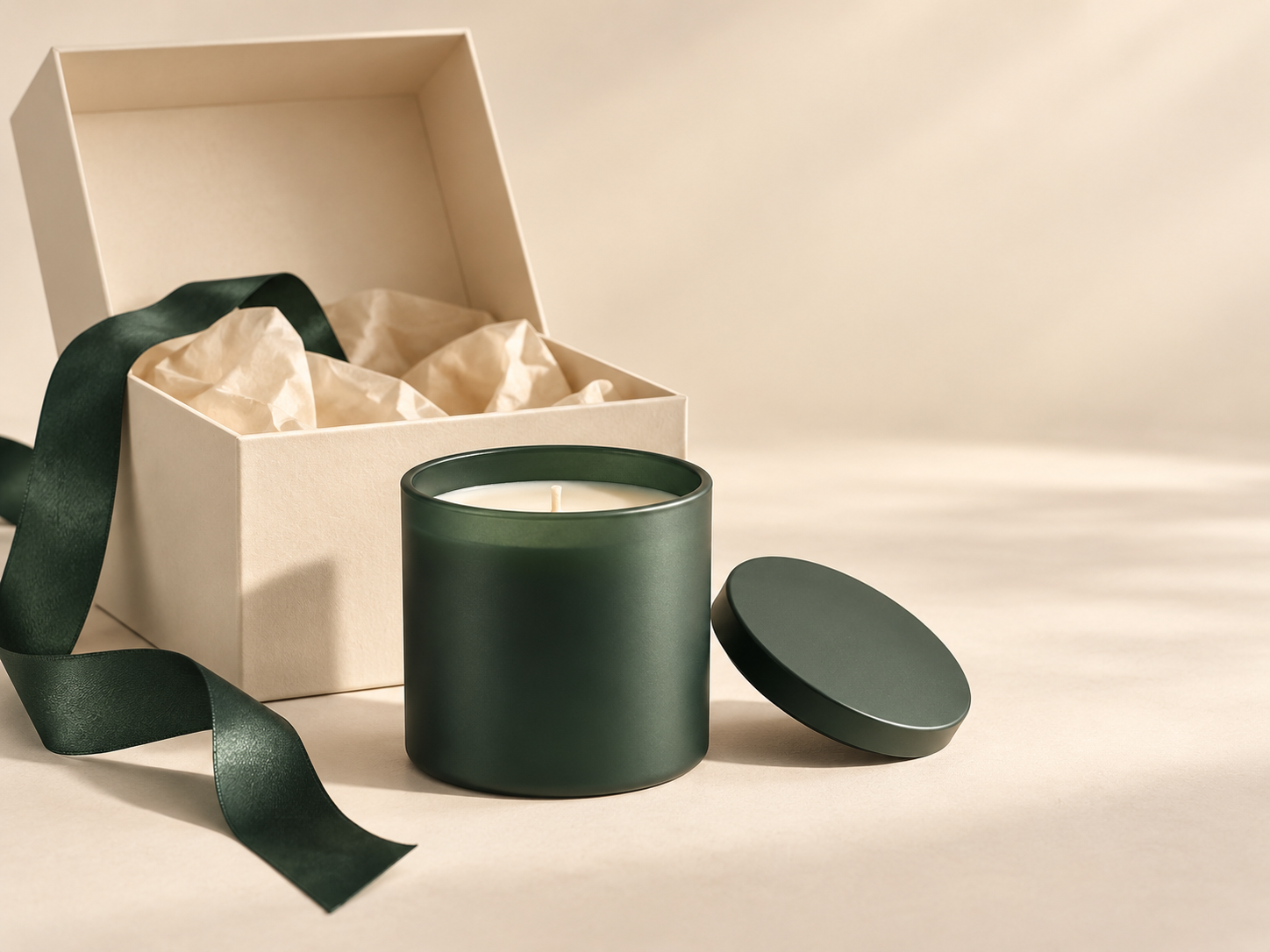 A dark-green candle jar and lid in front of a cream gift box with a green ribbon.