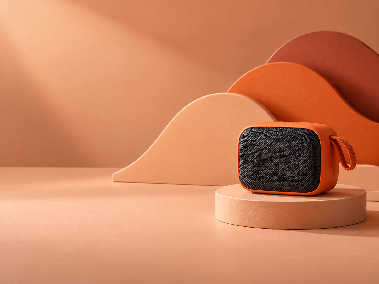 An orange portable speaker in front of matte peach and terracotta sculptural waves.
