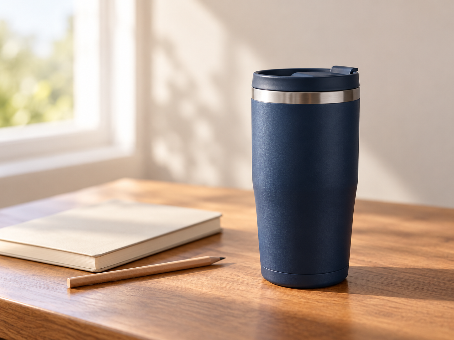 A navy travel mug beside a closed cream notebook and a wooden pencil on a softly lit desk.