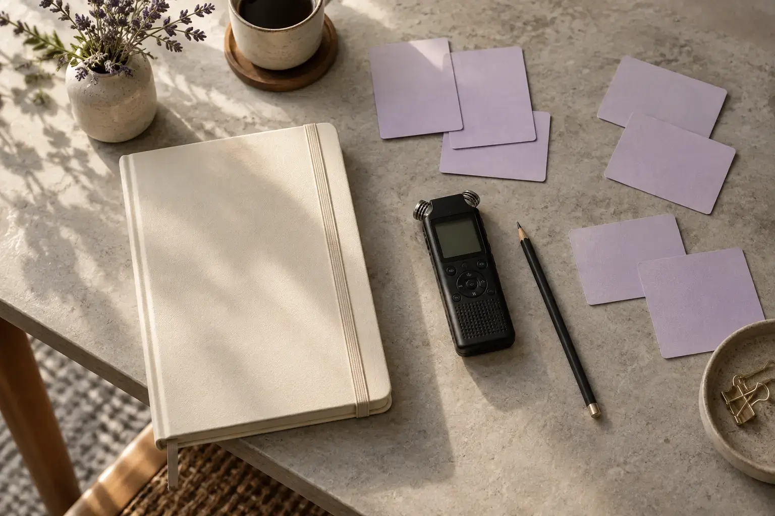 Overhead research planning workspace featuring a cream notebook beside lavender cards arranged in conversational clusters, a small audio recorder and graphite pencil.