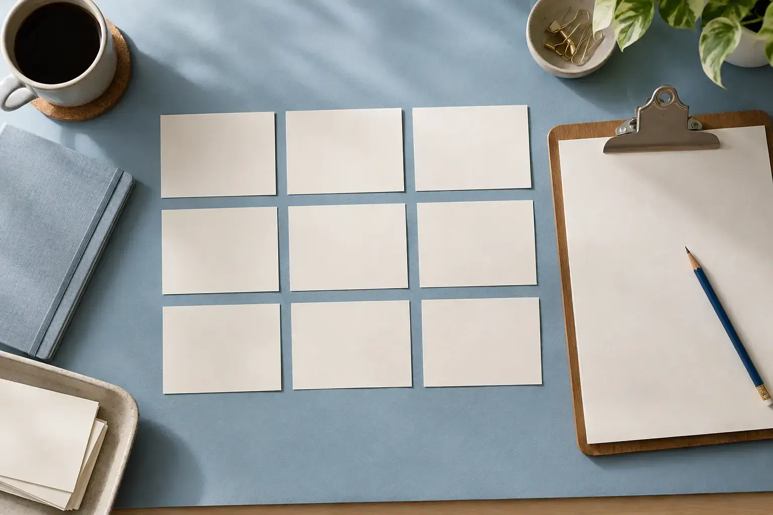 Overhead research planning workspace featuring a pale blue desk mat with a grid of ivory survey cards, a clipboard and blue pencil.
