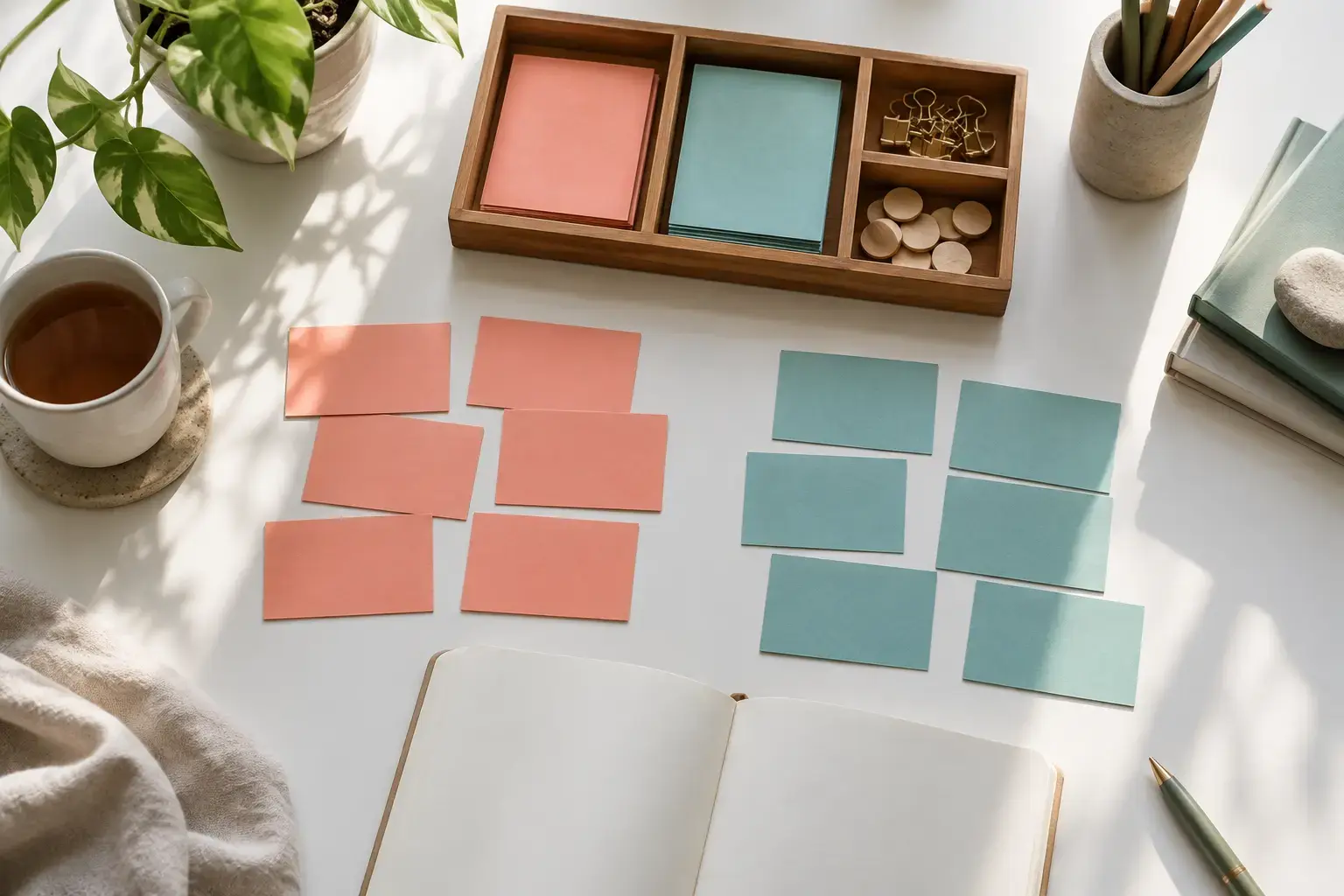 Overhead research planning workspace featuring a white worktable with two balanced groups of coral and teal cards, a wooden sorting tray and an open notebook.