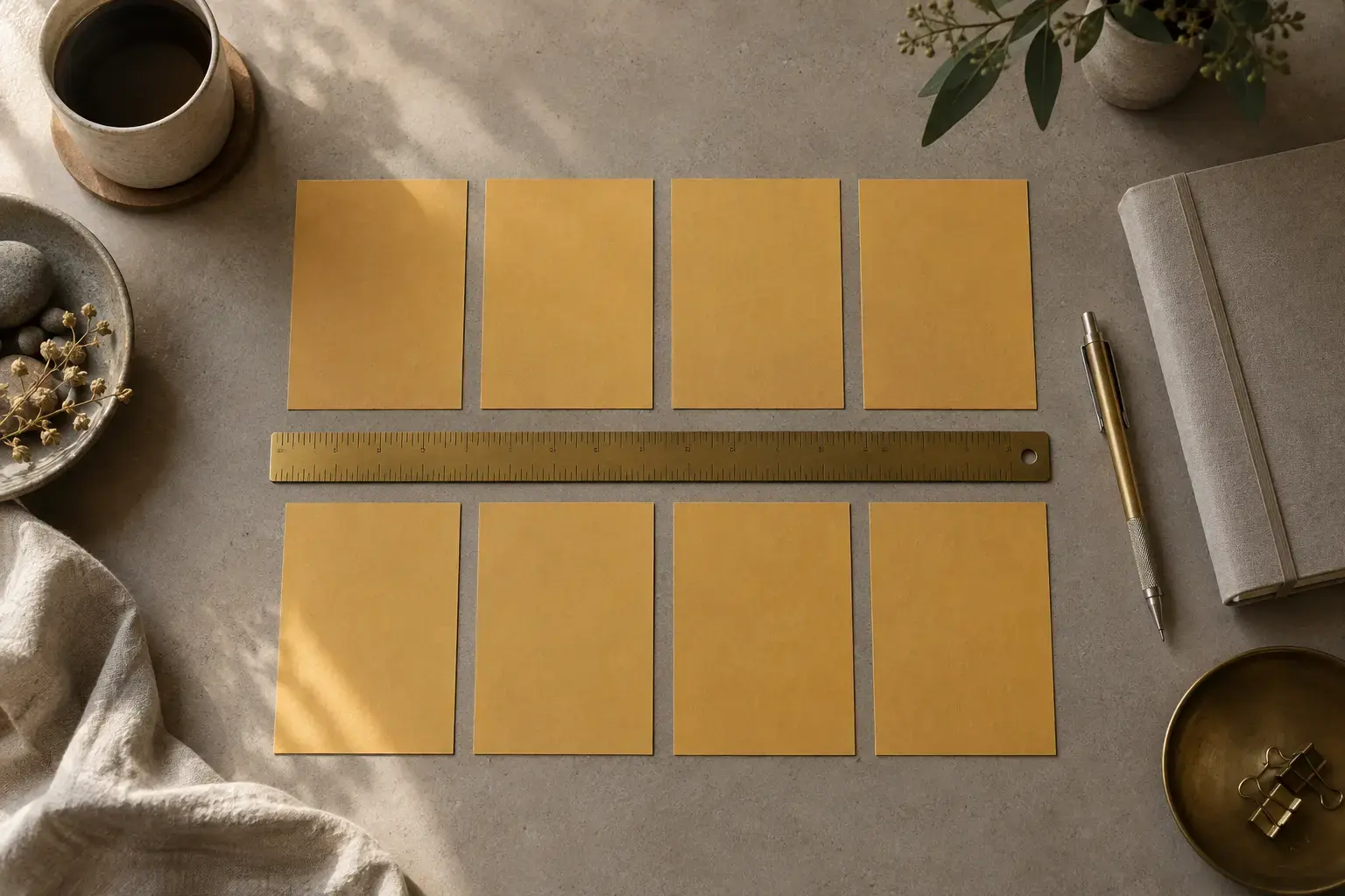 Overhead research planning workspace featuring a warm gray tabletop with two rows of ochre cards separated by a brass ruler, a folded notebook and mechanical pencil.