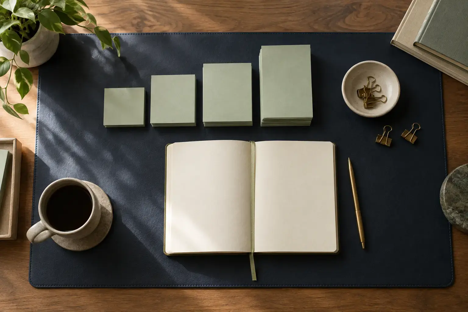 Overhead research planning workspace featuring a long navy desk pad with a progression of sage card stacks, small binder clips and a cream journal.