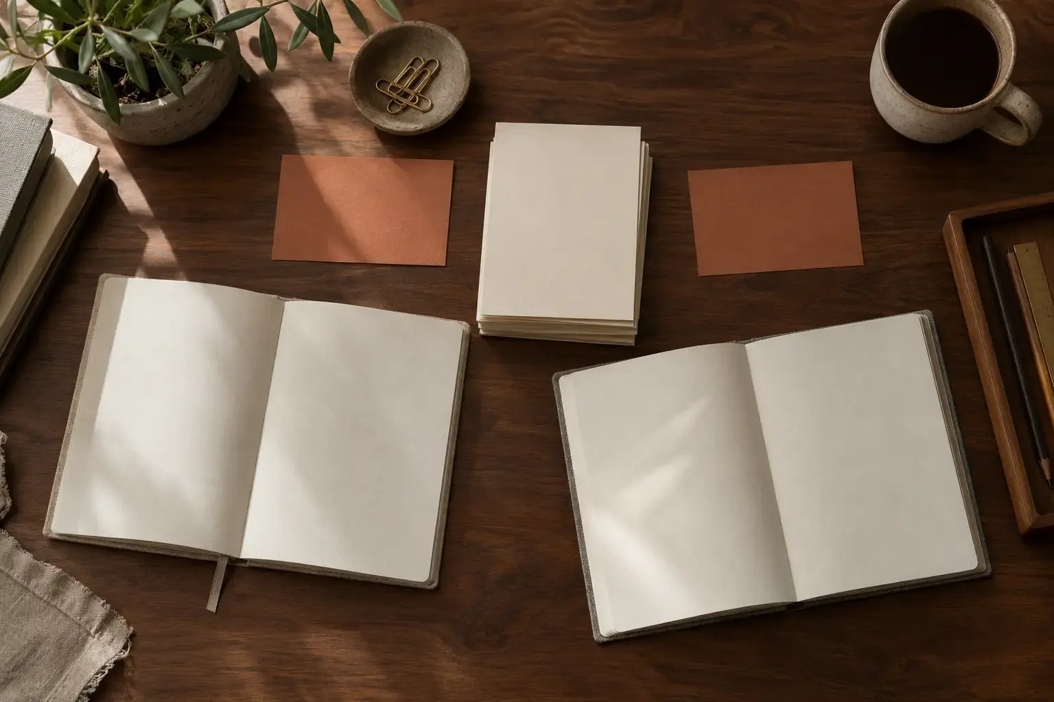 Overhead research planning workspace featuring two open linen notebooks on a walnut desk with paired terracotta cards and a central stack of cream cards.