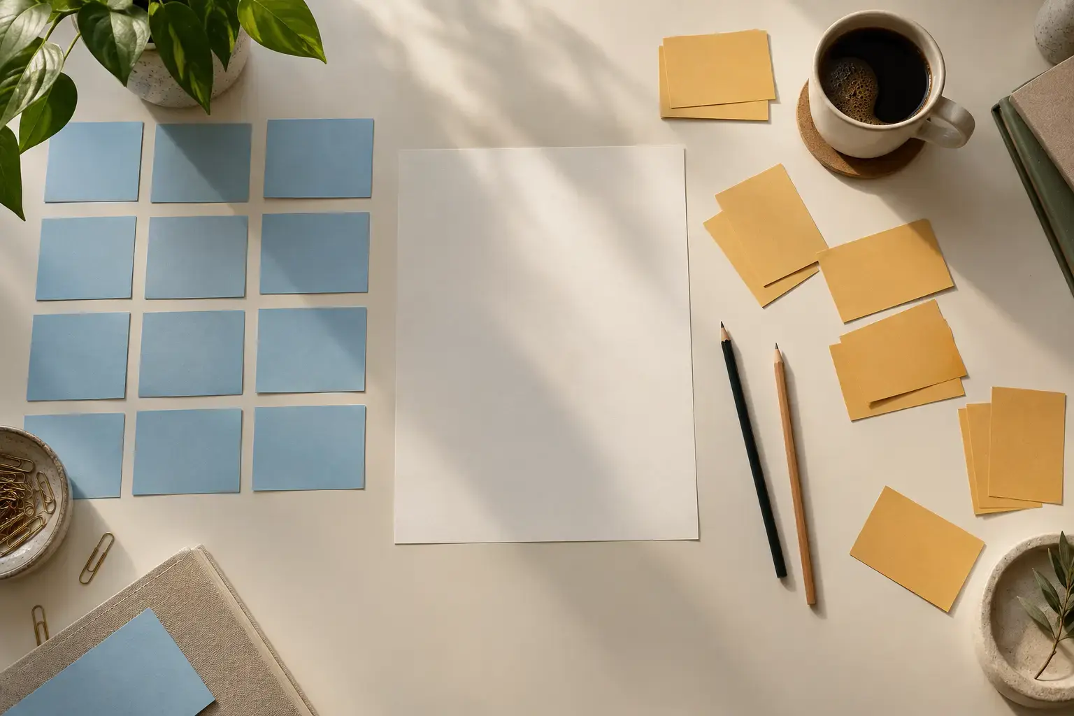 Overhead research planning workspace featuring a cream desk with a blue card grid and loose amber card clusters converging around a blank central sheet, two pencils.