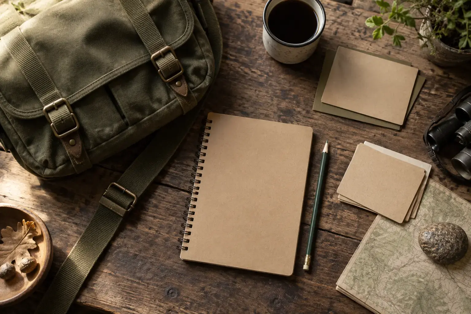Overhead research planning workspace featuring an olive canvas field bag beside a kraft notebook, earth-toned cards and a pencil on a weathered wooden table.