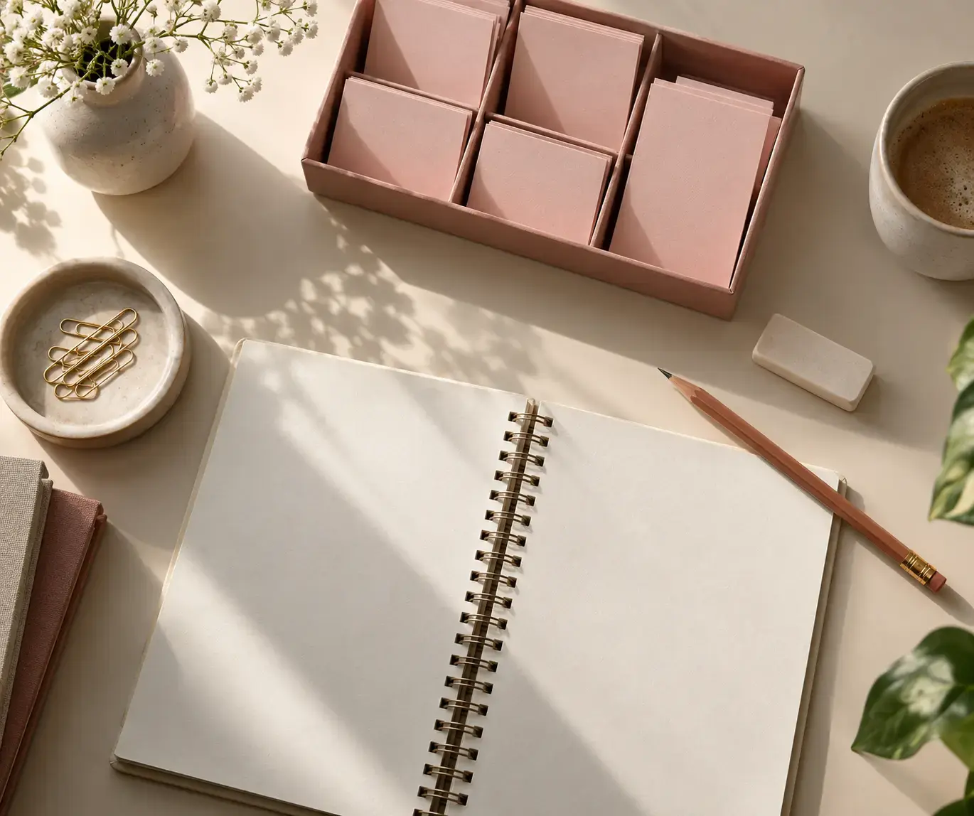 Overhead research planning workspace featuring a warm cream table with small rose cards in a sorting tray, an eraser, a pencil and an open spiral notebook.