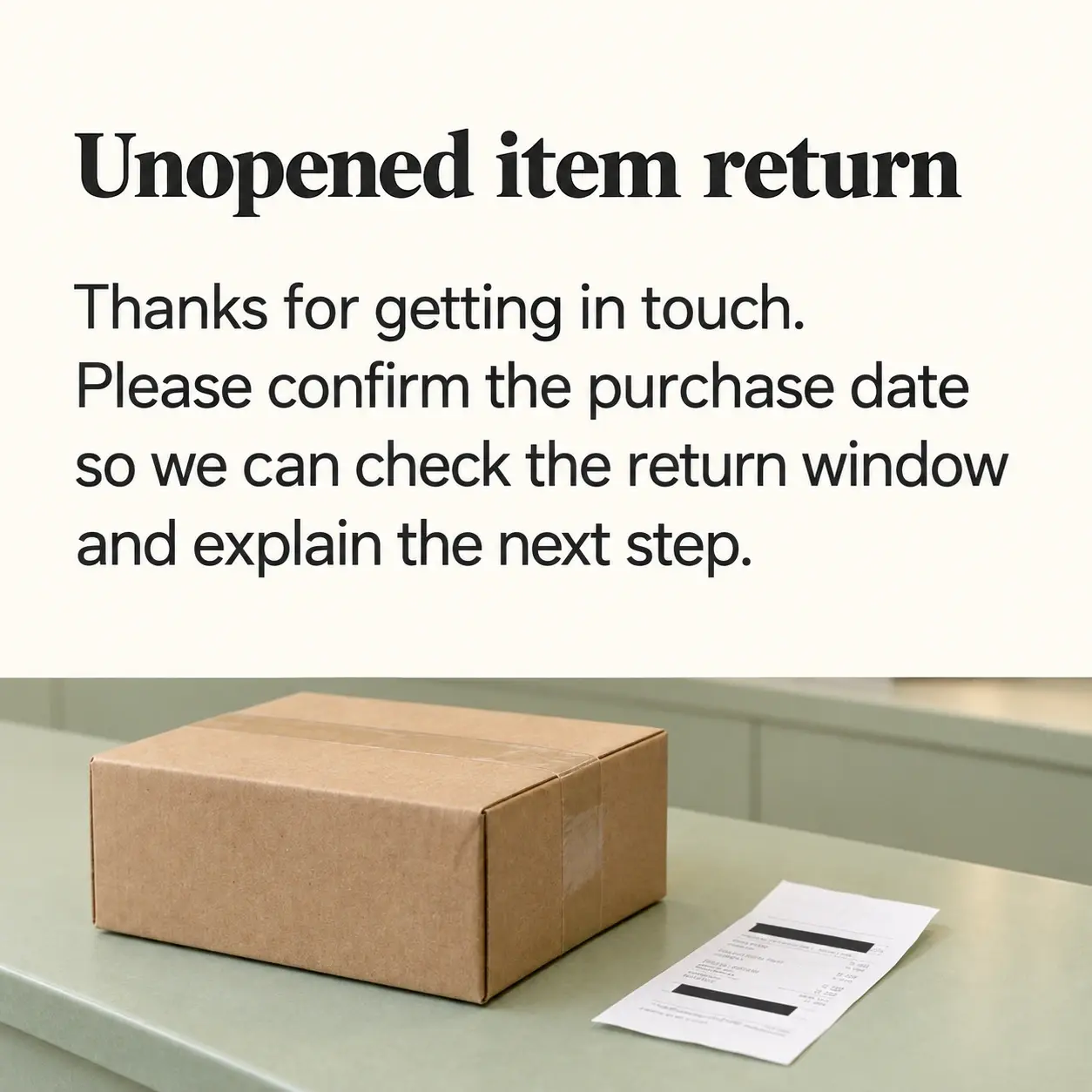 Reply card headed "Unopened item return" above a sealed kraft parcel and a small redacted receipt on a pale sage retail counter.