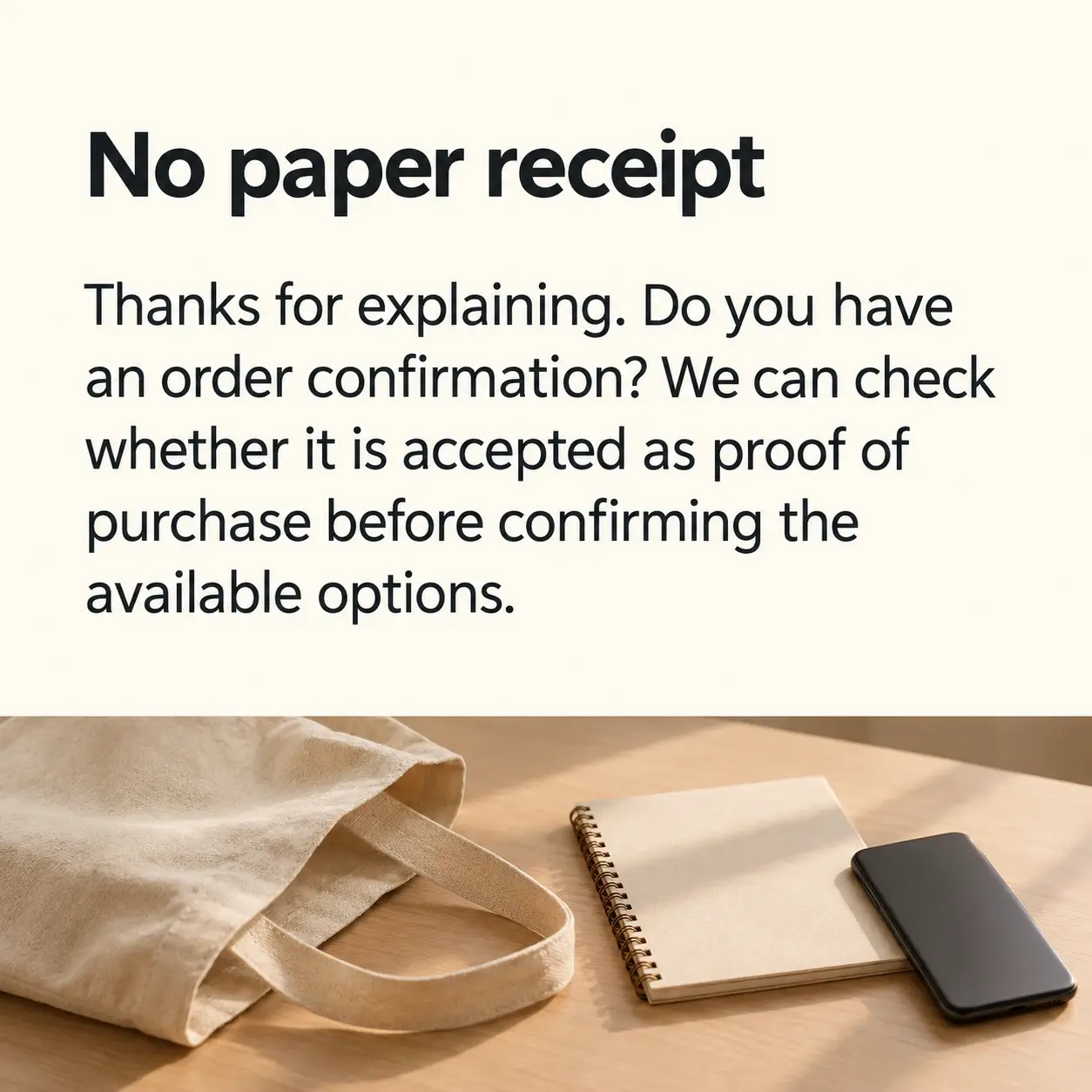 Reply card headed "No paper receipt" above a plain shopping tote beside a notebook and a smartphone with its screen turned away on a warm sand desk.