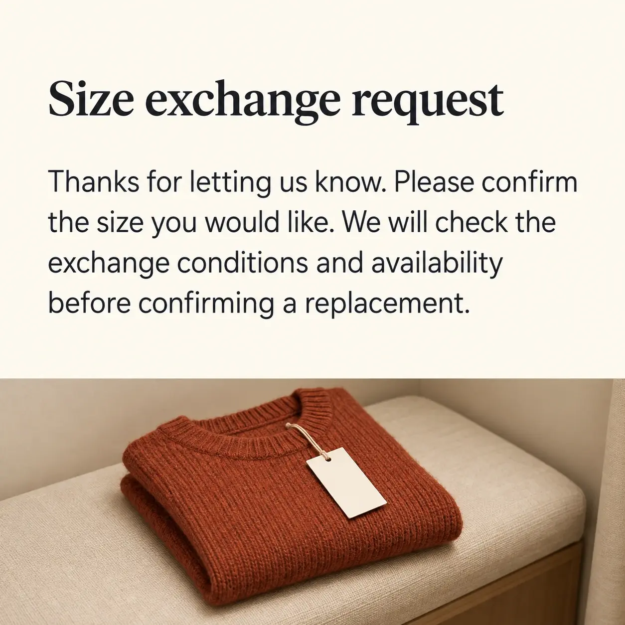 Reply card headed "Size exchange request" above a folded rust-coloured knit sweater with a blank hangtag on a cream fitting-room bench.