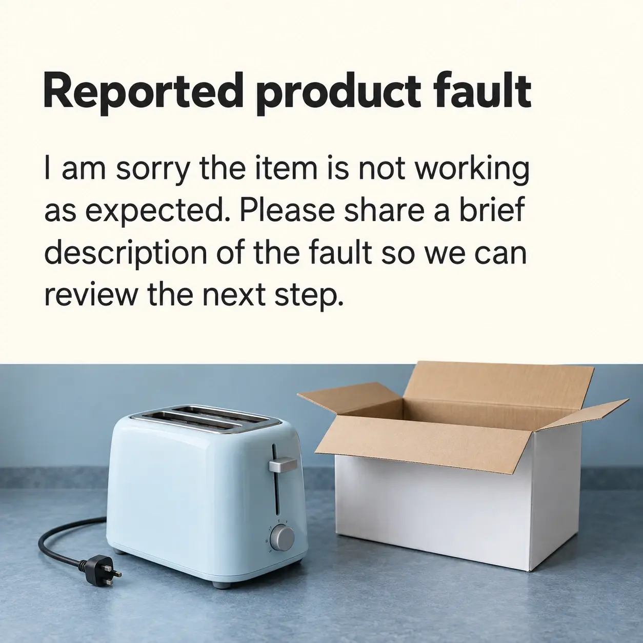 Reply card headed "Reported product fault" above an unplugged pale-blue countertop toaster beside its open carton on a muted blue worktop.