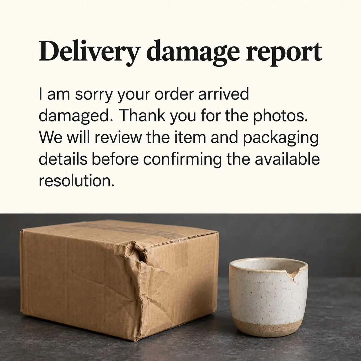Reply card headed "Delivery damage report" above a dented unlabelled cardboard parcel and a small chipped ceramic planter on a charcoal packing table.