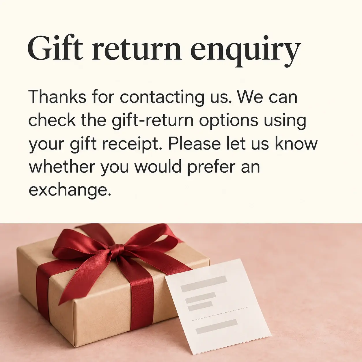 Reply card headed "Gift return enquiry" above a ribbon-tied gift box with a redacted gift receipt on a soft blush counter.