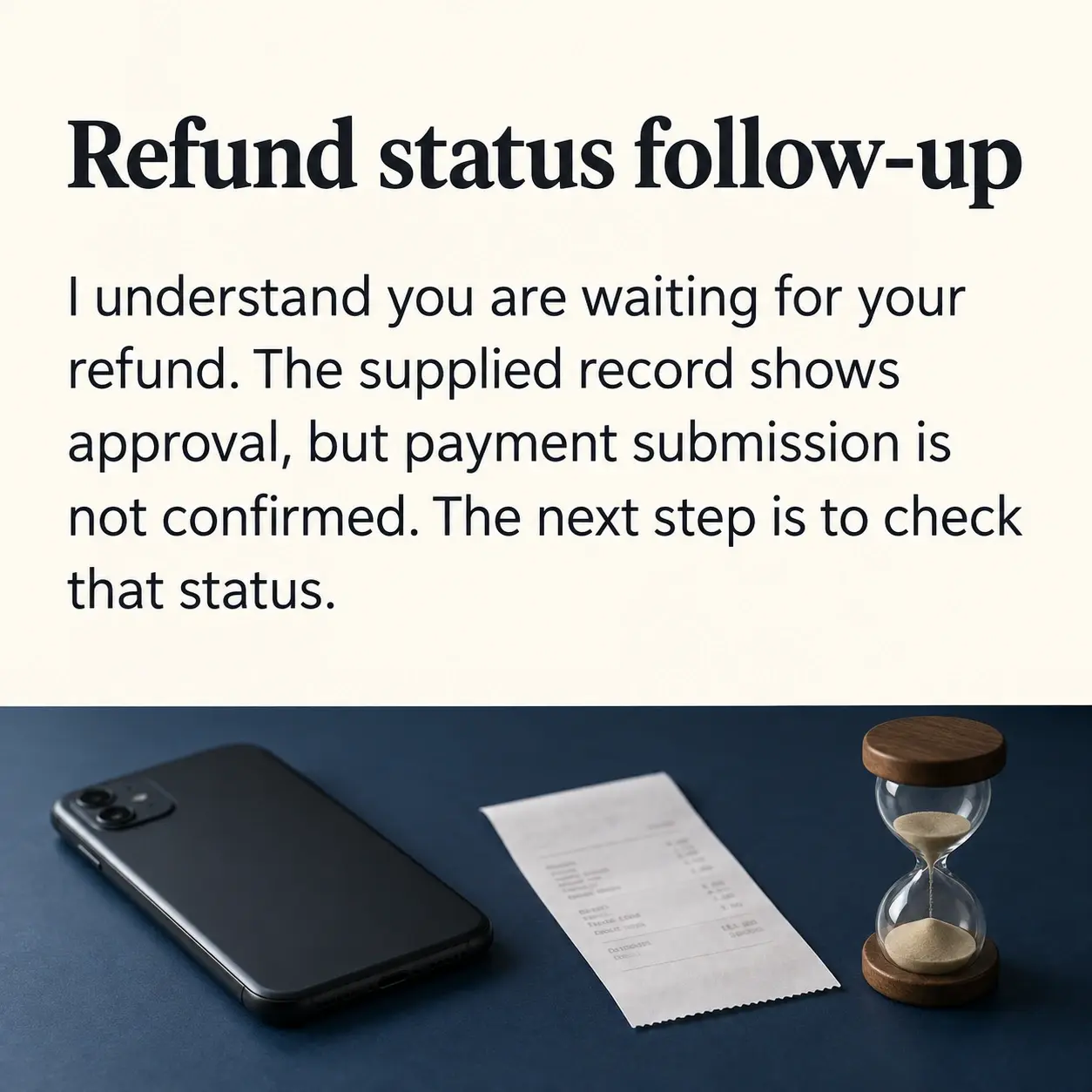 Reply card headed "Refund status follow-up" above a smartphone with its screen facing down beside a plain receipt and a small hourglass on a midnight-blue desk.