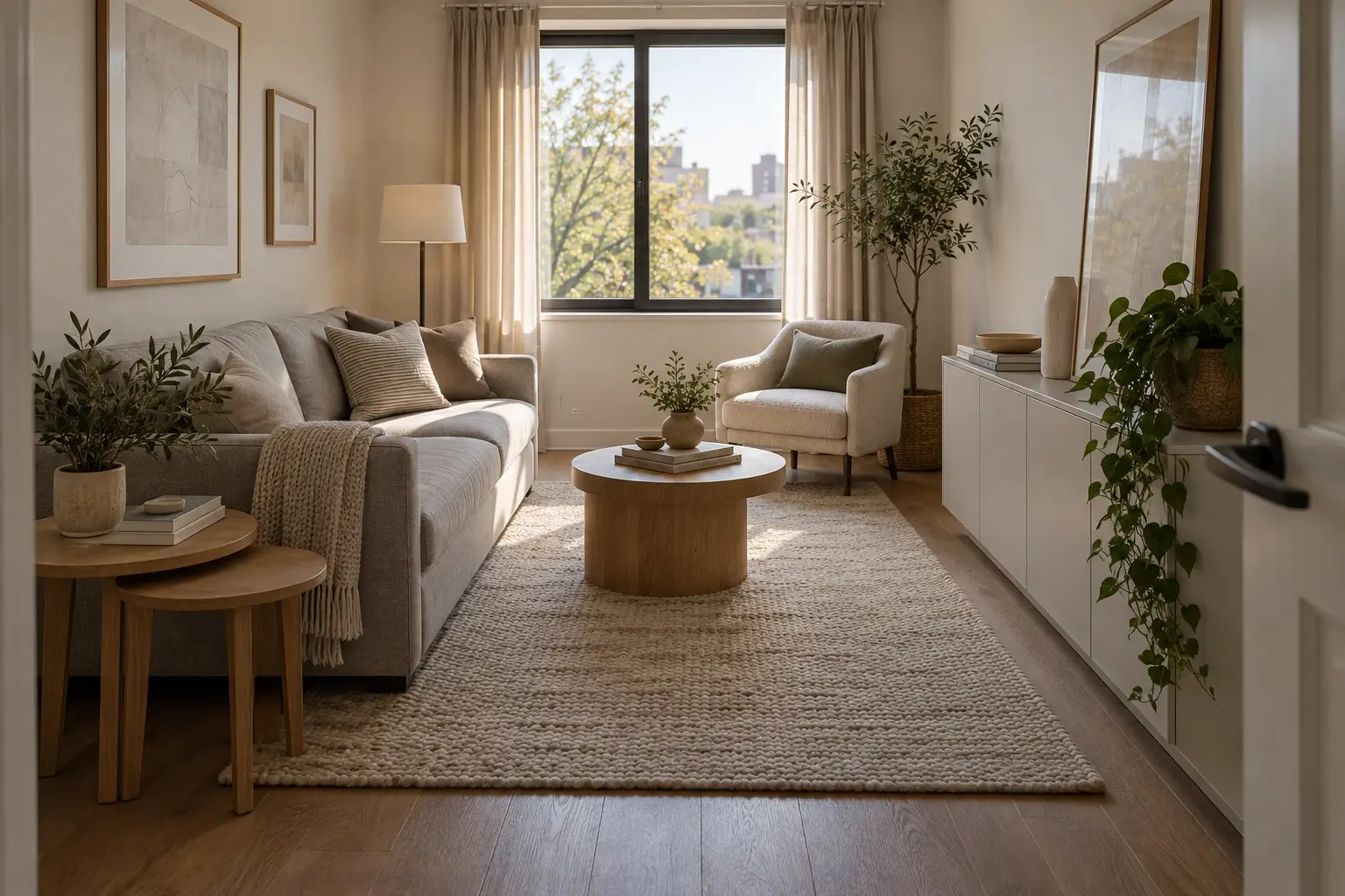 Compact living room with gray seating, oak nesting tables, closed storage and an open passage.